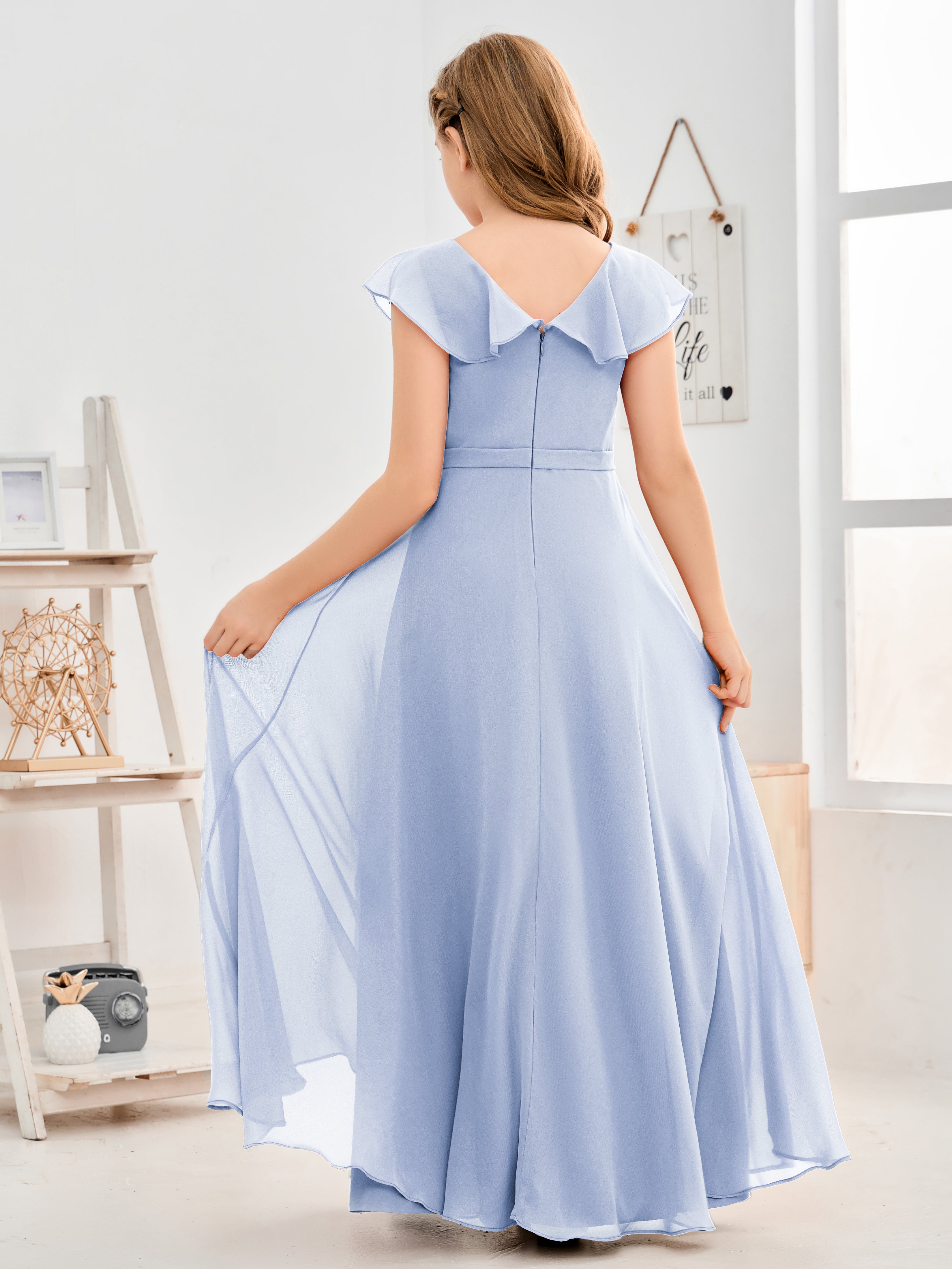 V Neck Ruffles Chiffon Junior Bridesmaid Dresses