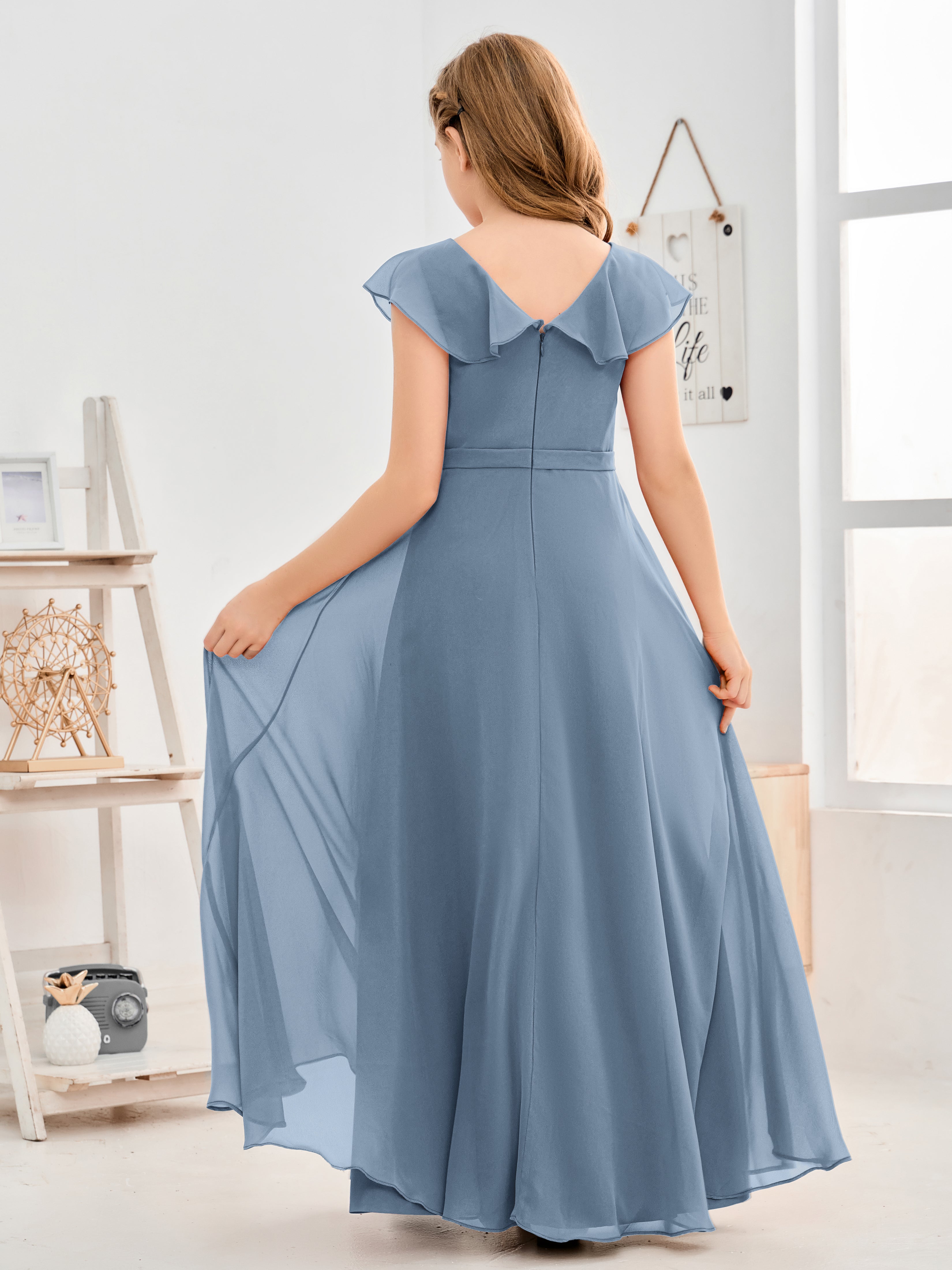 V Neck Ruffles Chiffon Junior Bridesmaid Dresses