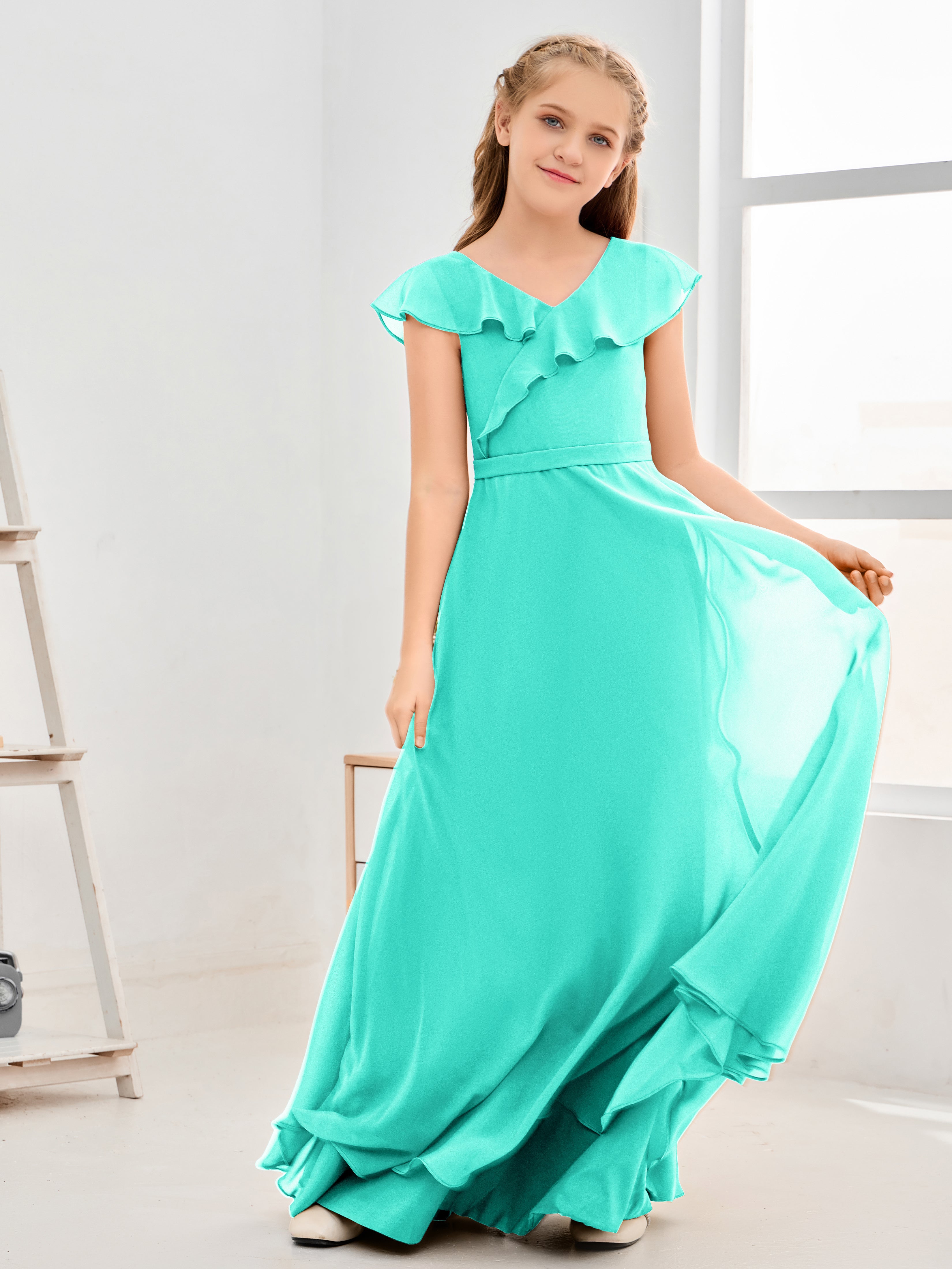 V Neck Ruffles Chiffon Junior Bridesmaid Dresses
