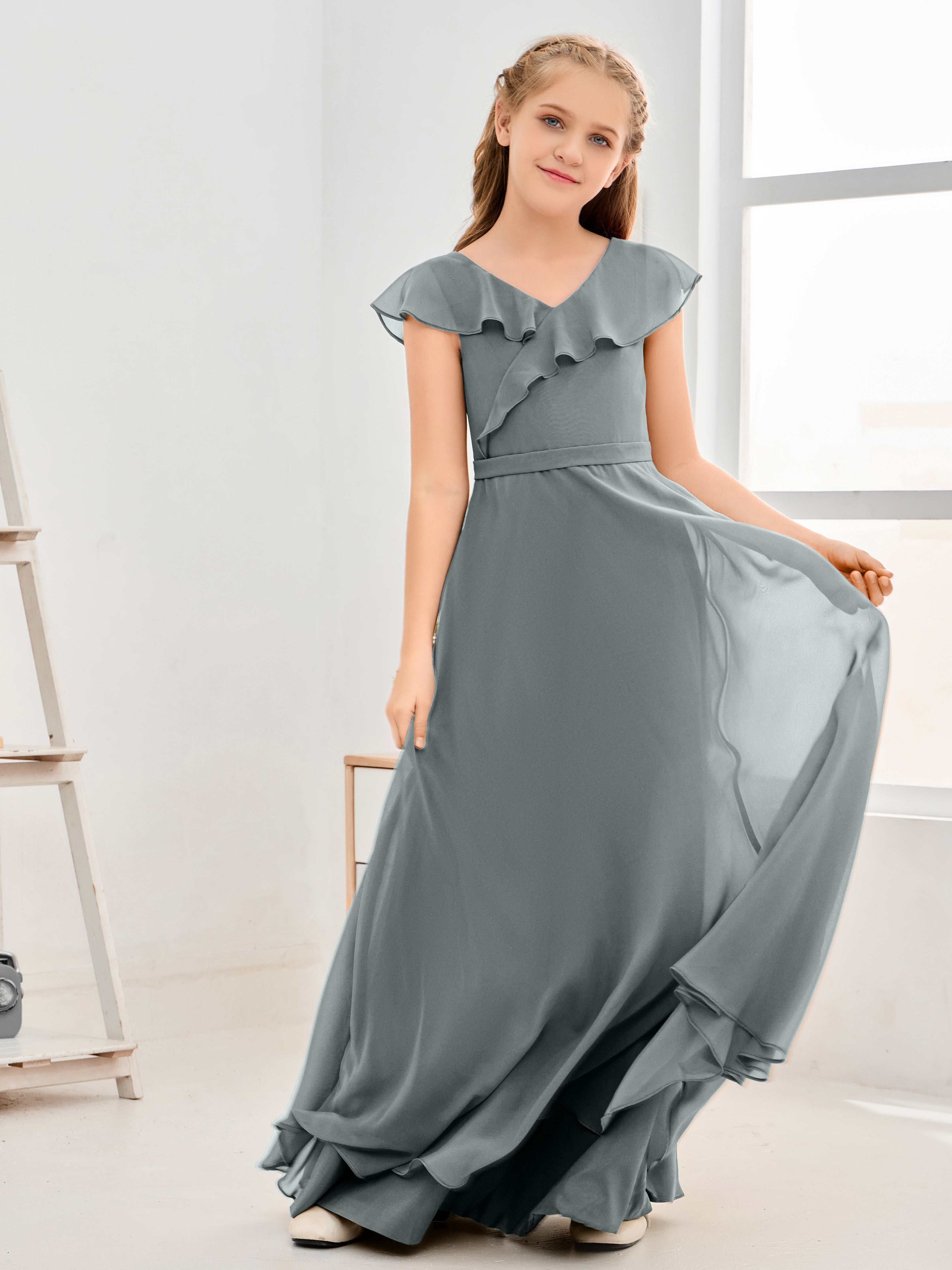 V Neck Ruffles Chiffon Junior Bridesmaid Dresses