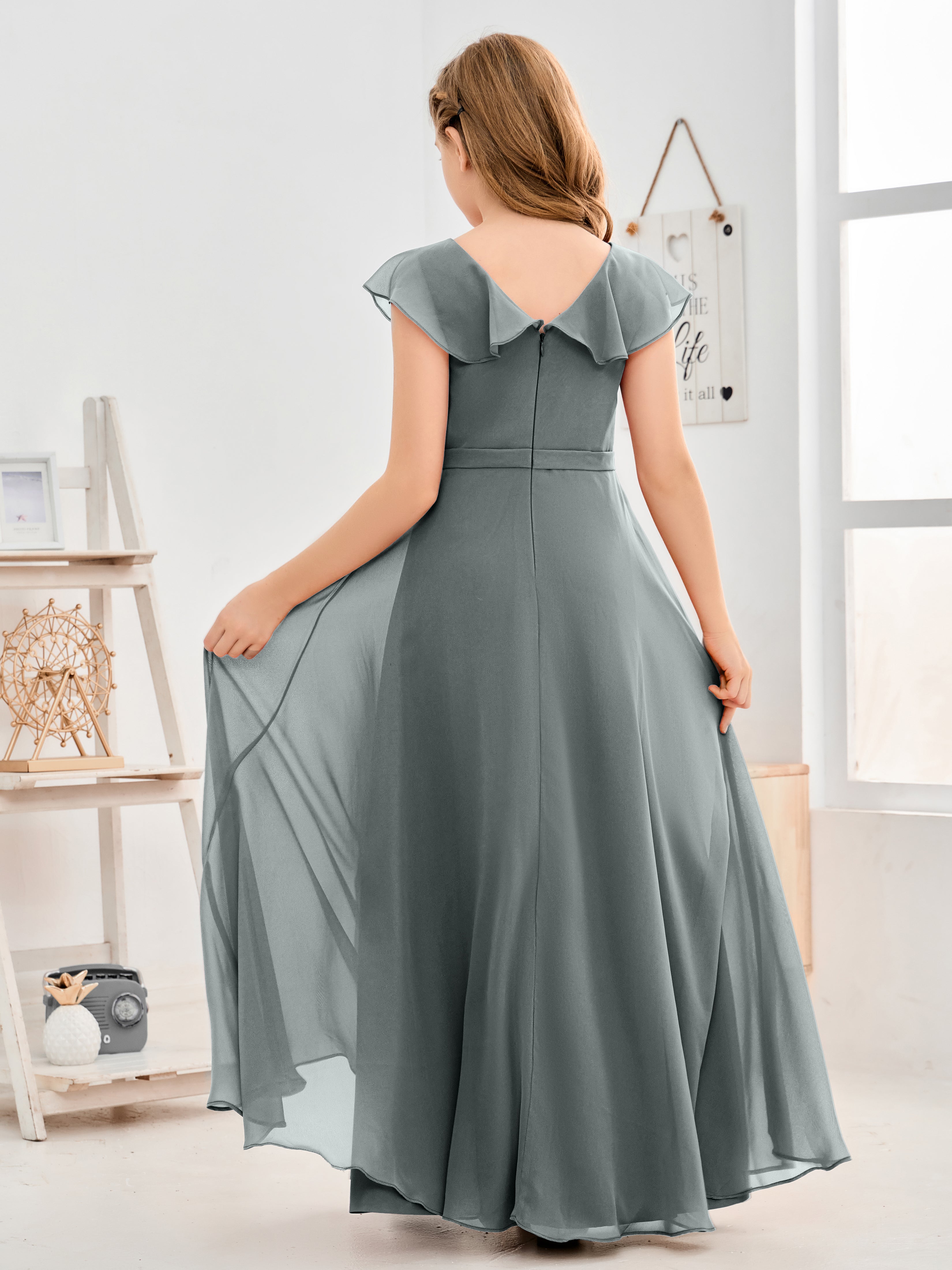 V Neck Ruffles Chiffon Junior Bridesmaid Dresses