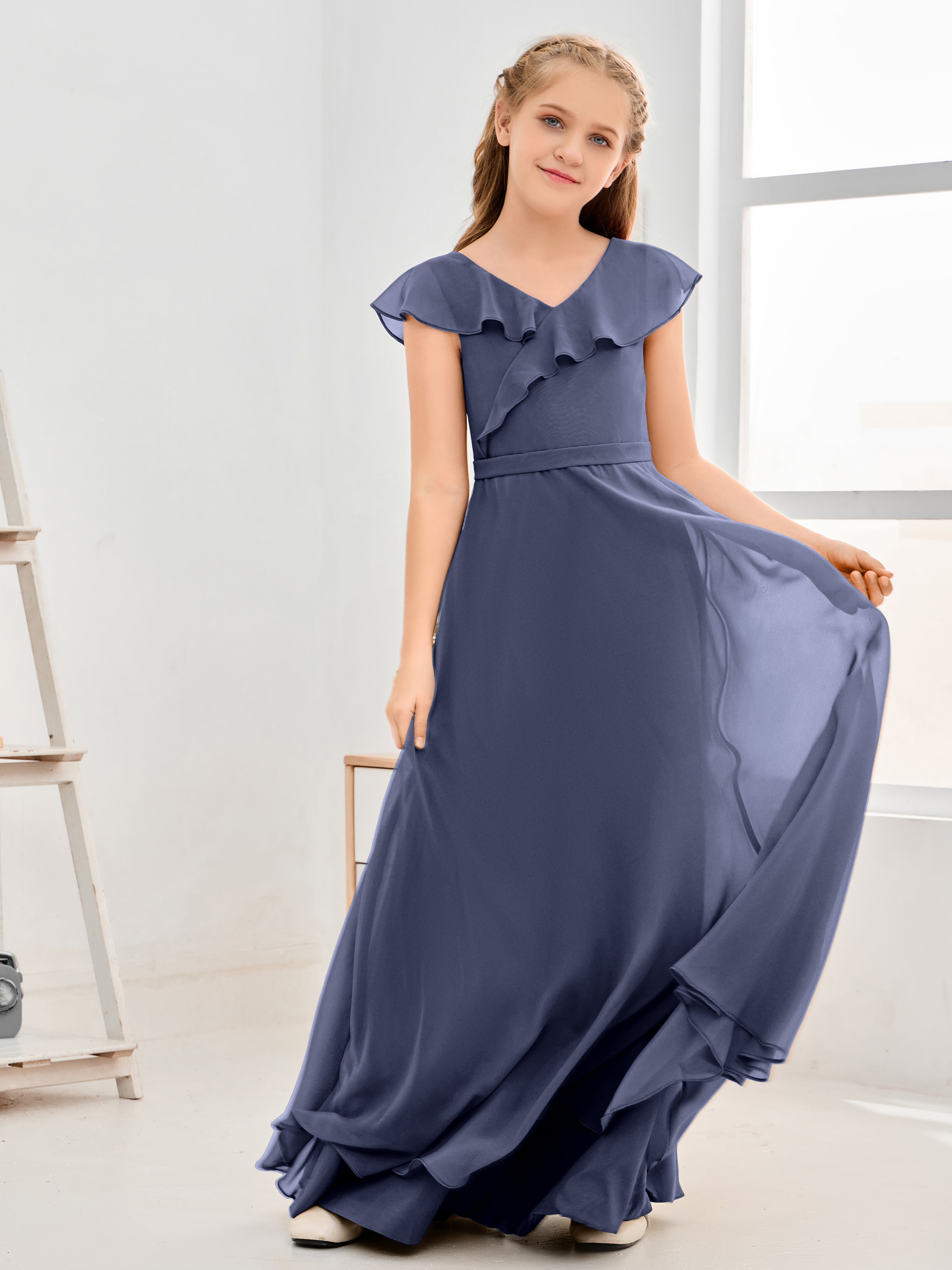 V Neck Ruffles Chiffon Junior Bridesmaid Dresses