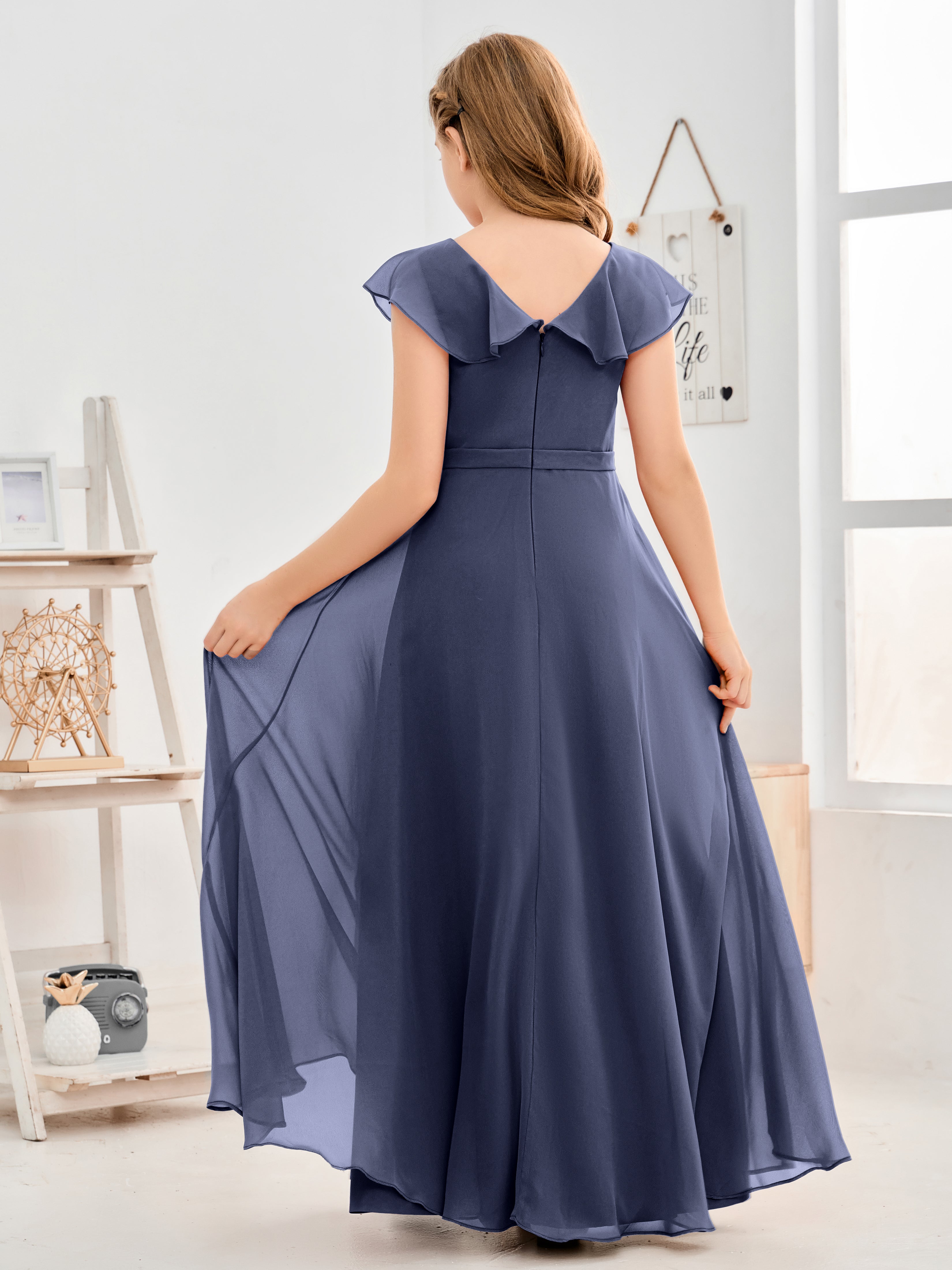 V Neck Ruffles Chiffon Junior Bridesmaid Dresses