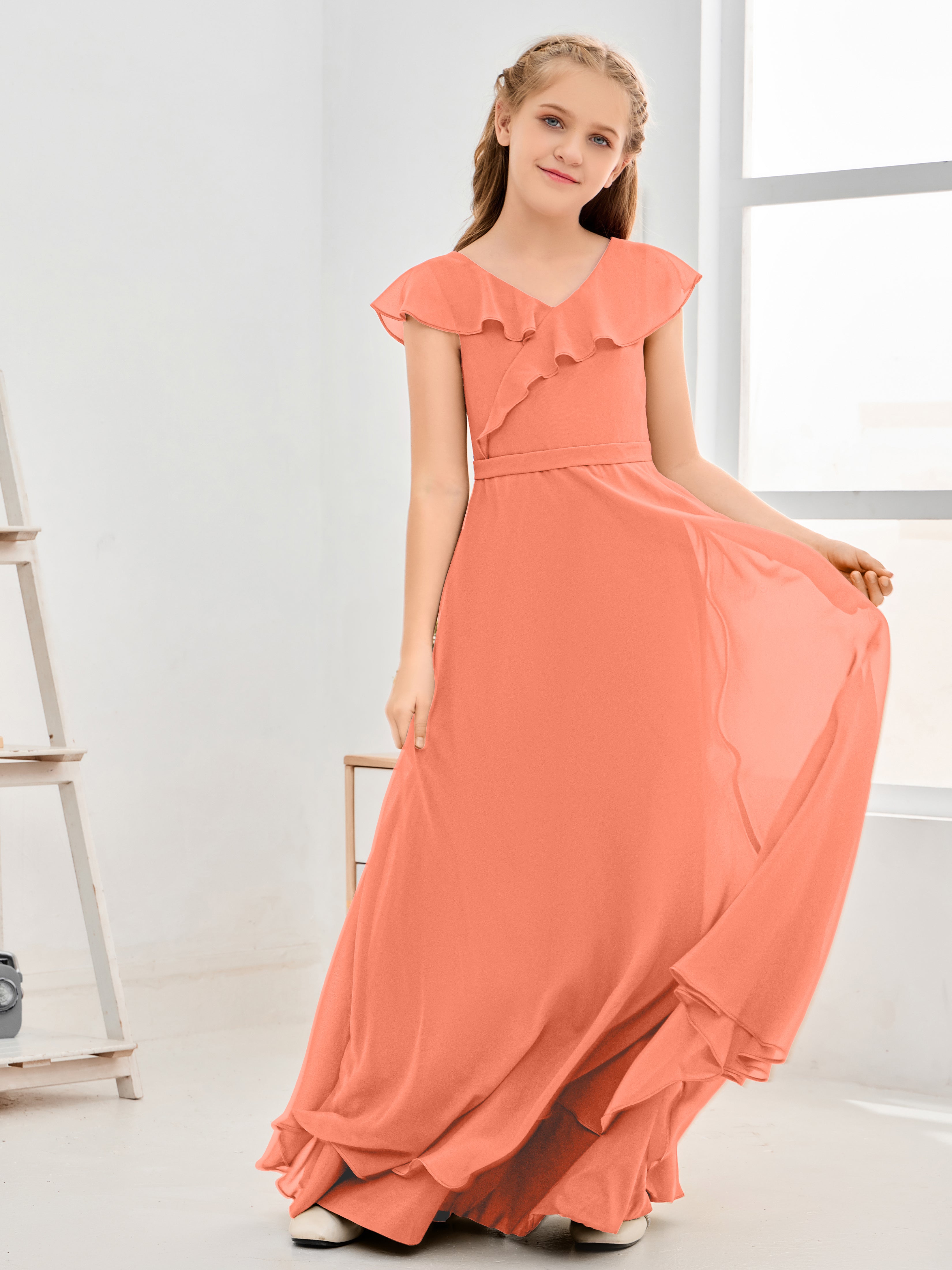 V Neck Ruffles Chiffon Junior Bridesmaid Dresses