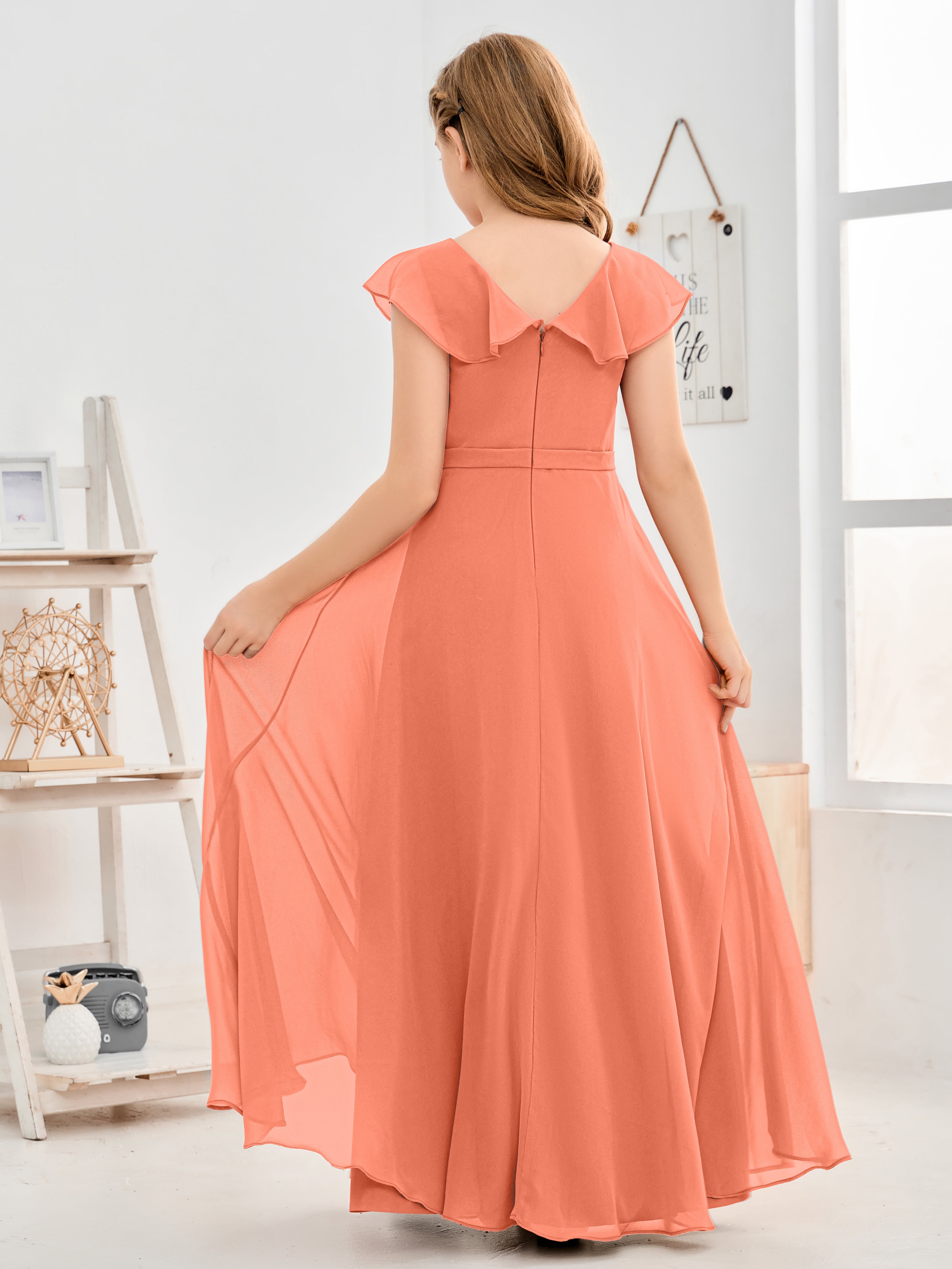 V Neck Ruffles Chiffon Junior Bridesmaid Dresses