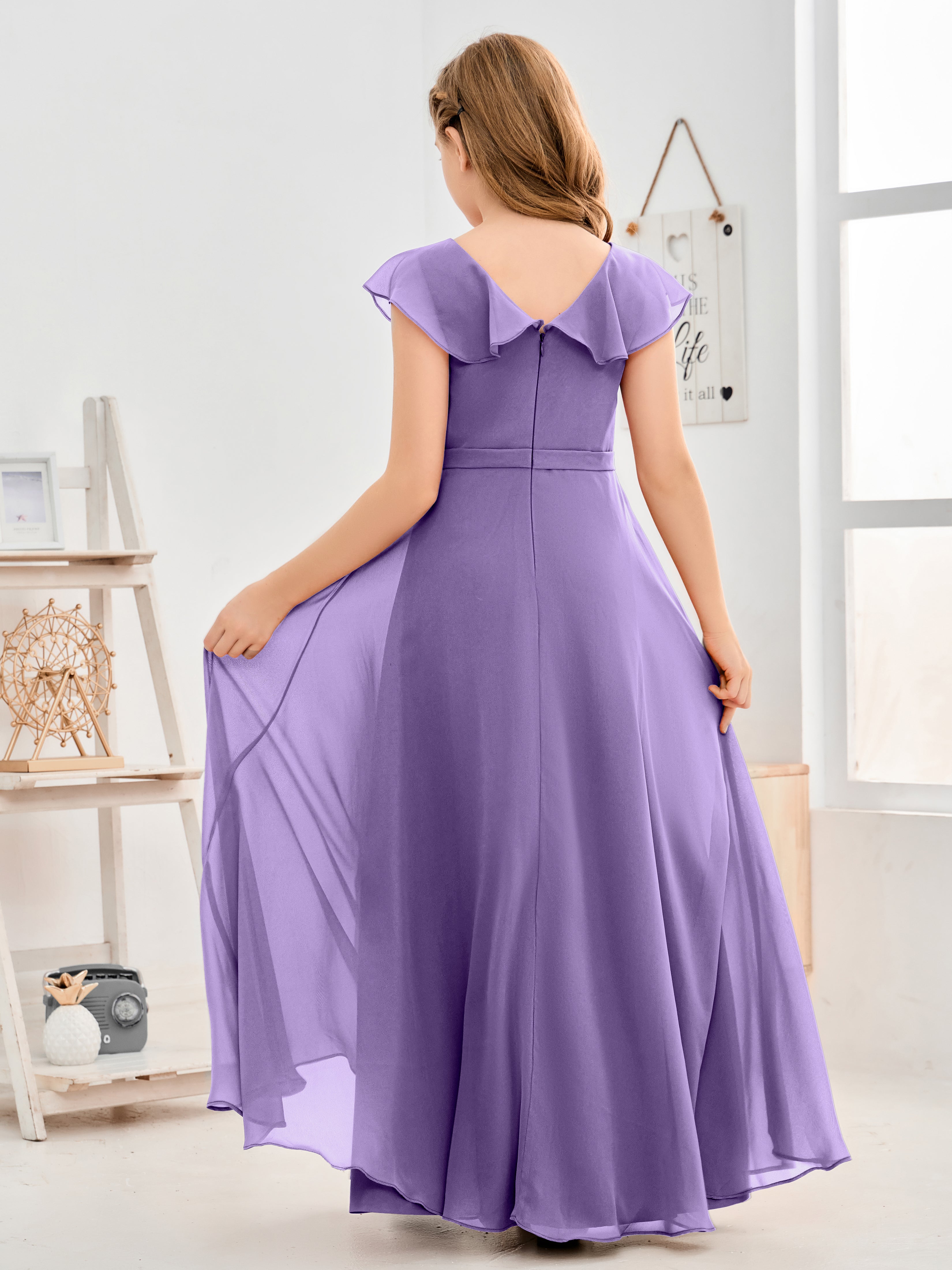 V Neck Ruffles Chiffon Junior Bridesmaid Dresses