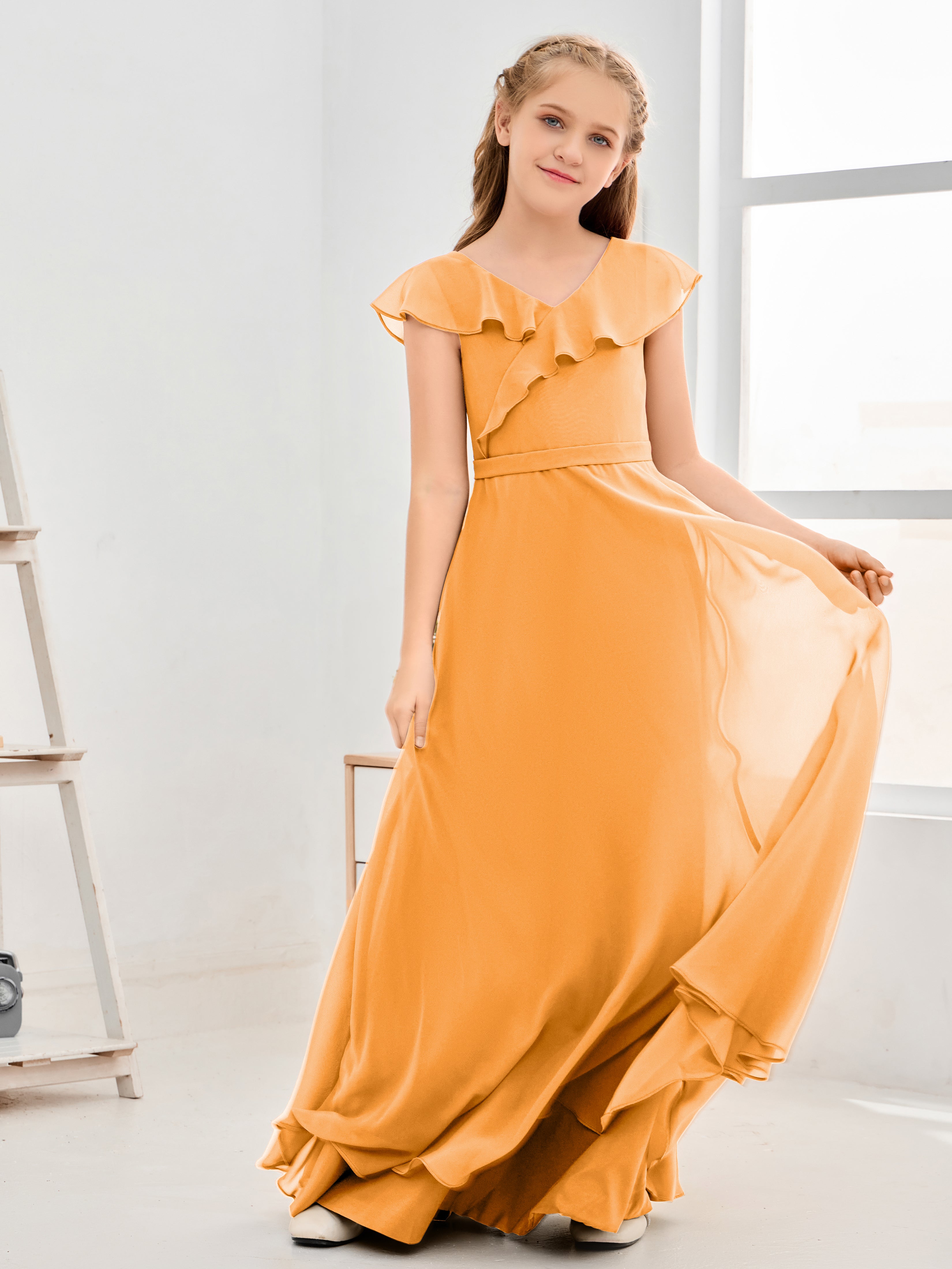 V Neck Ruffles Chiffon Junior Bridesmaid Dresses