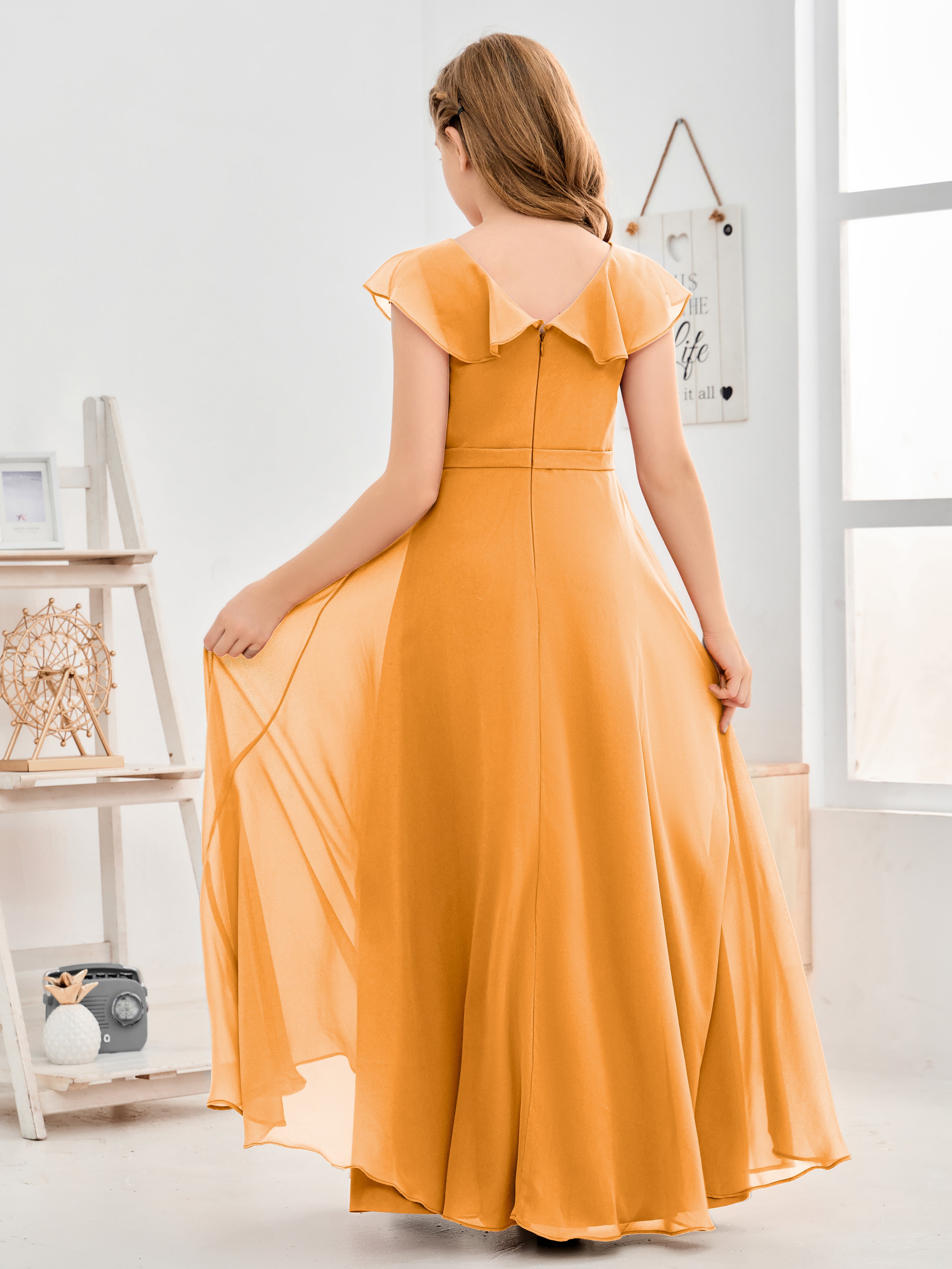V Neck Ruffles Chiffon Junior Bridesmaid Dresses