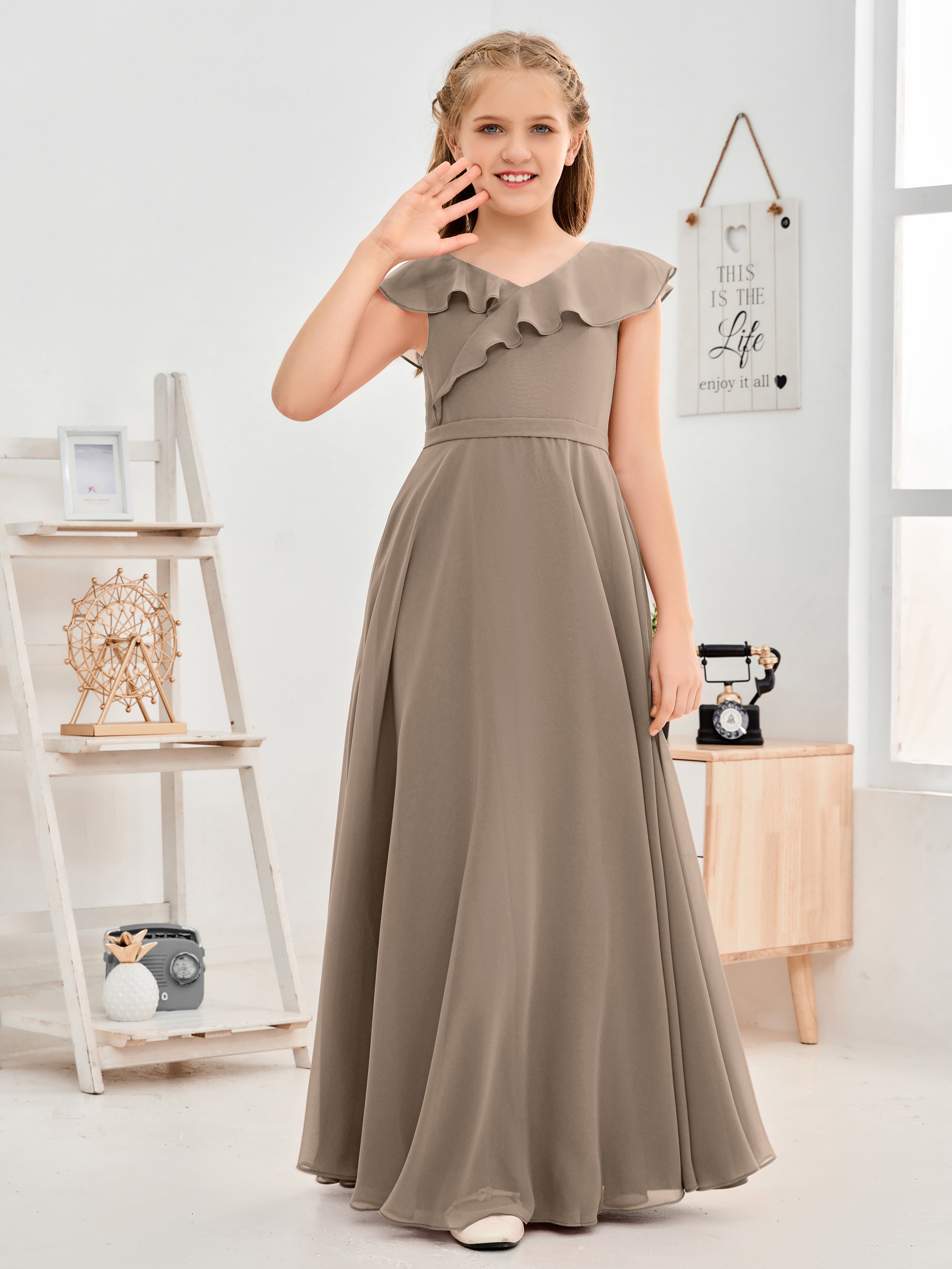 V Neck Ruffles Chiffon Junior Bridesmaid Dresses