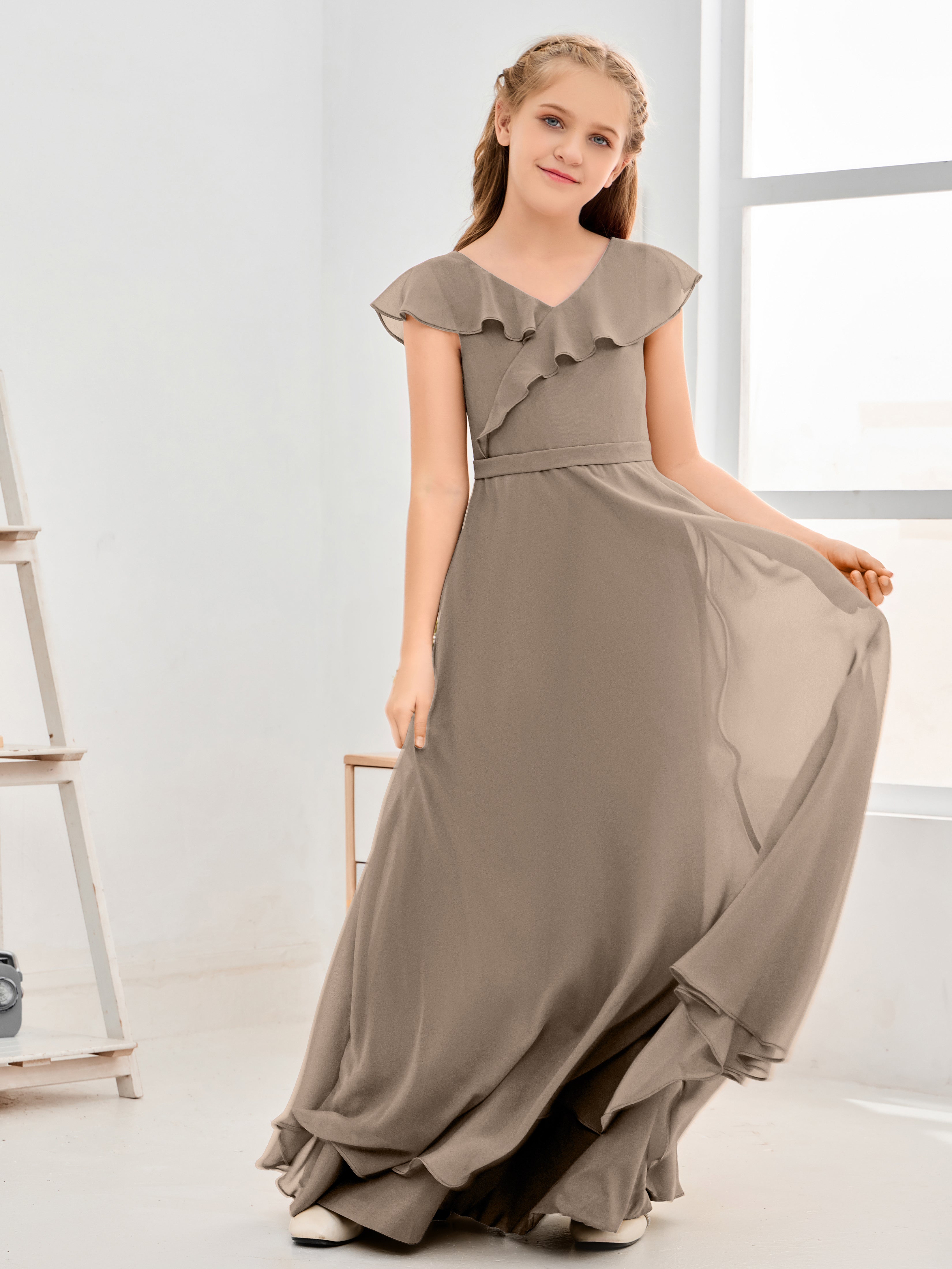 V Neck Ruffles Chiffon Junior Bridesmaid Dresses