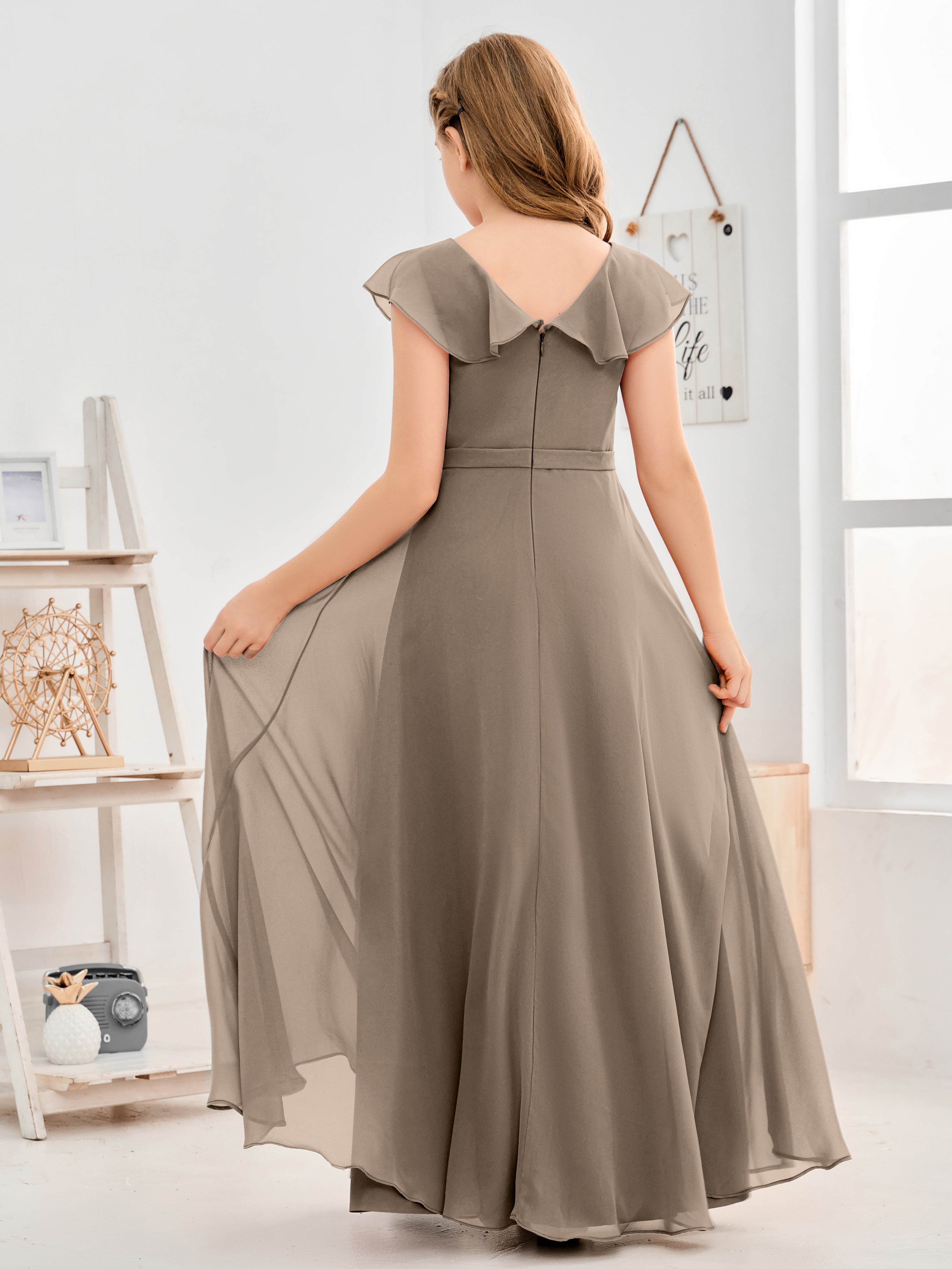 V Neck Ruffles Chiffon Junior Bridesmaid Dresses
