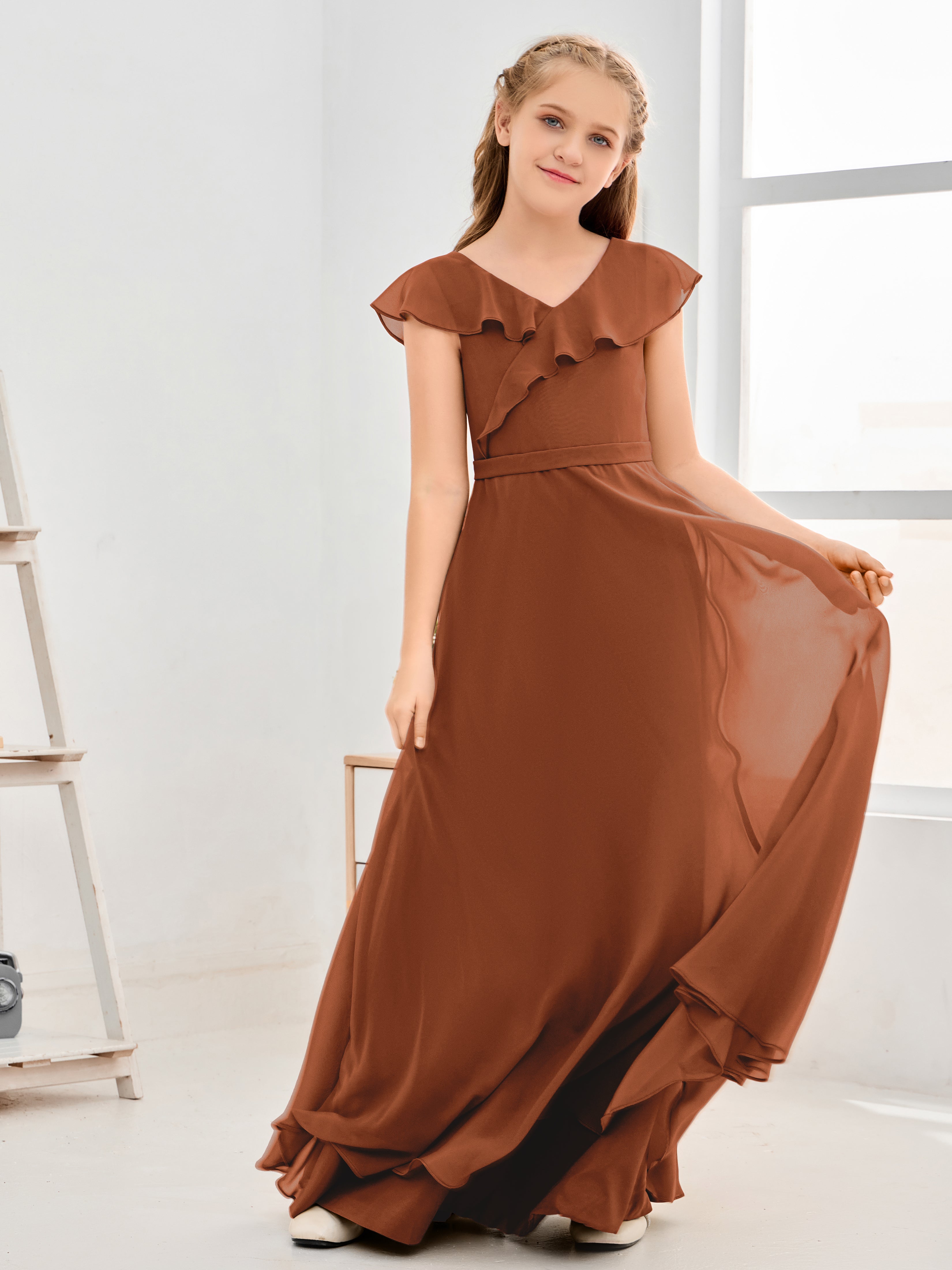 V Neck Ruffles Chiffon Junior Bridesmaid Dresses