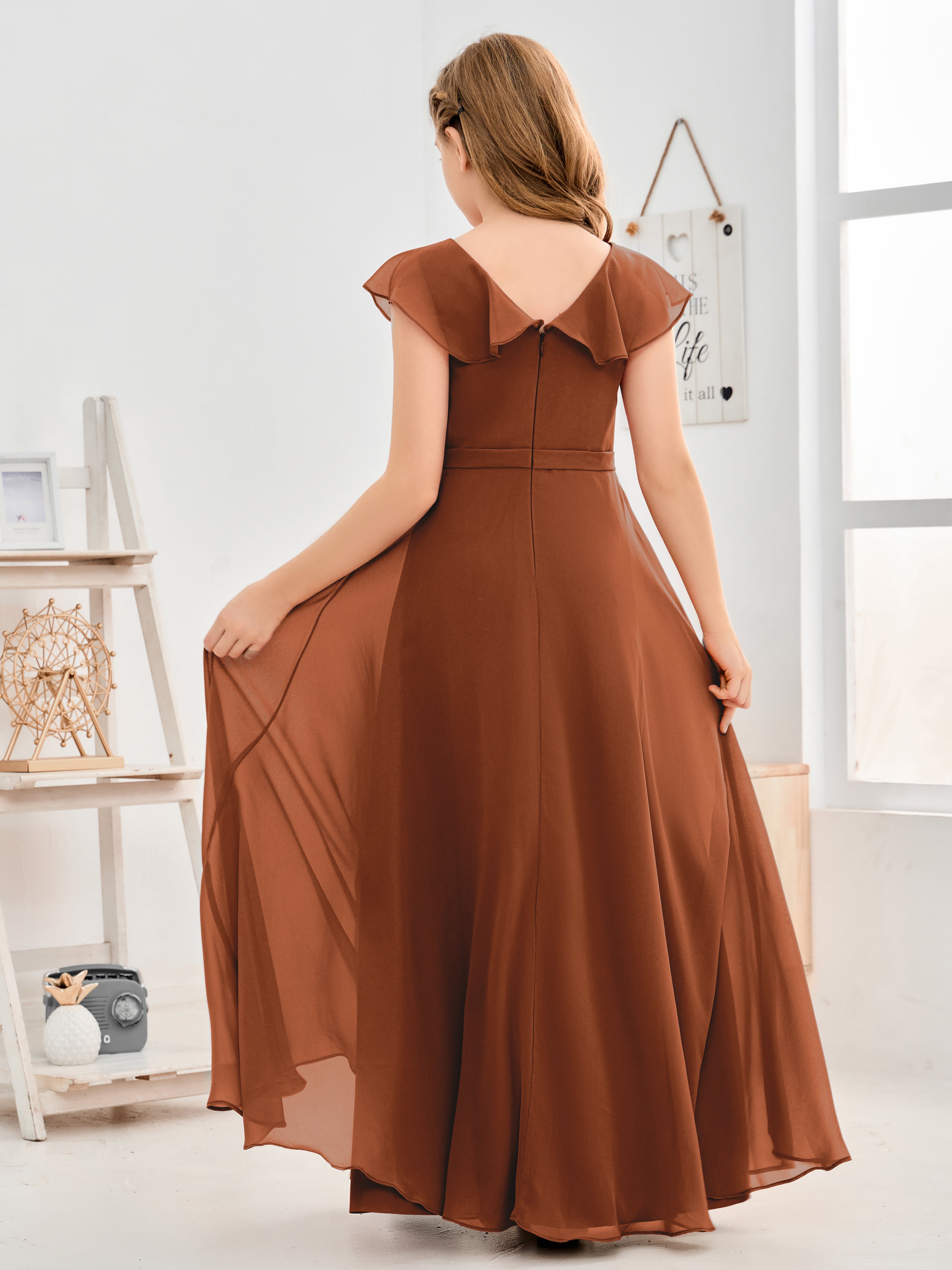 V Neck Ruffles Chiffon Junior Bridesmaid Dresses