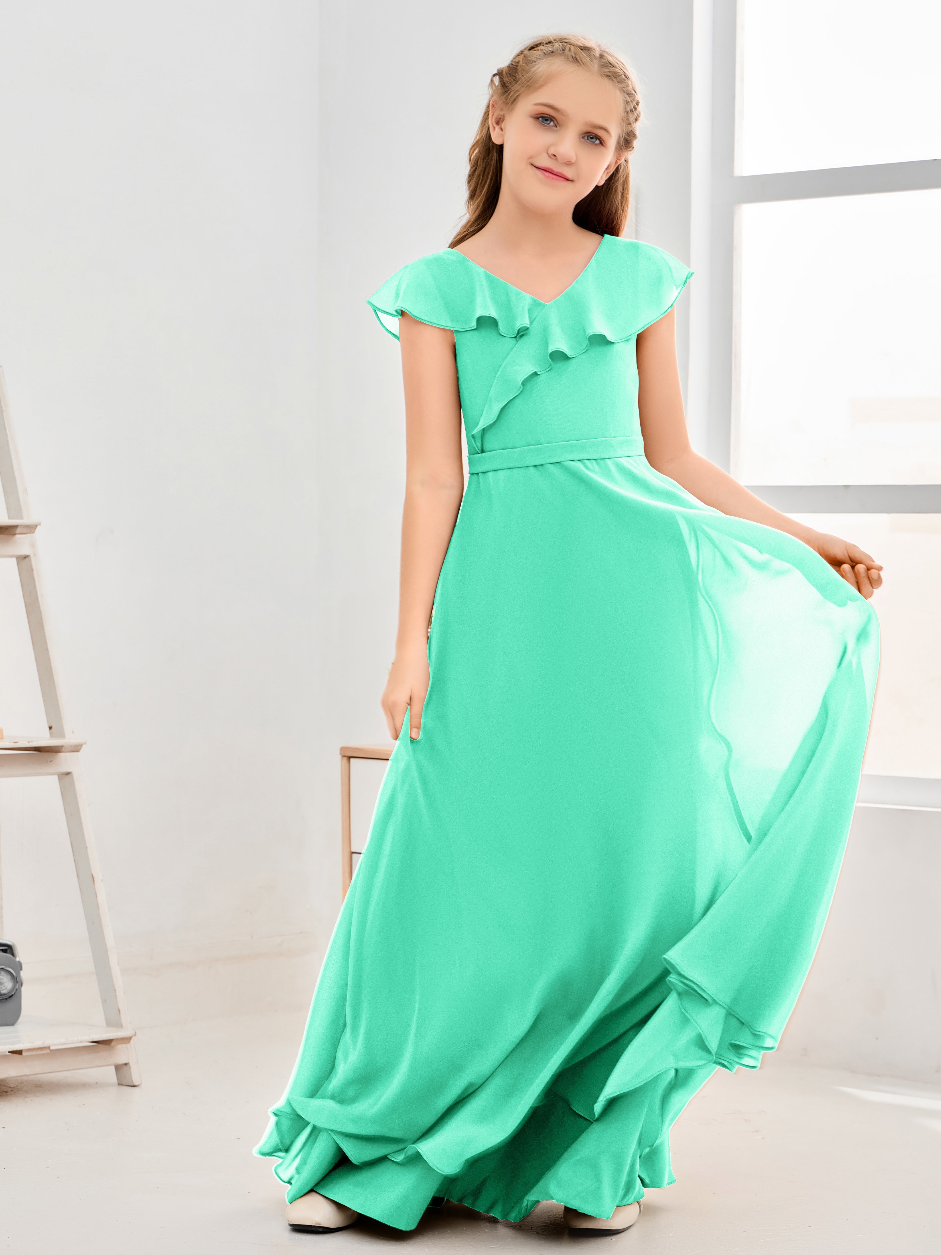 V Neck Ruffles Chiffon Junior Bridesmaid Dresses