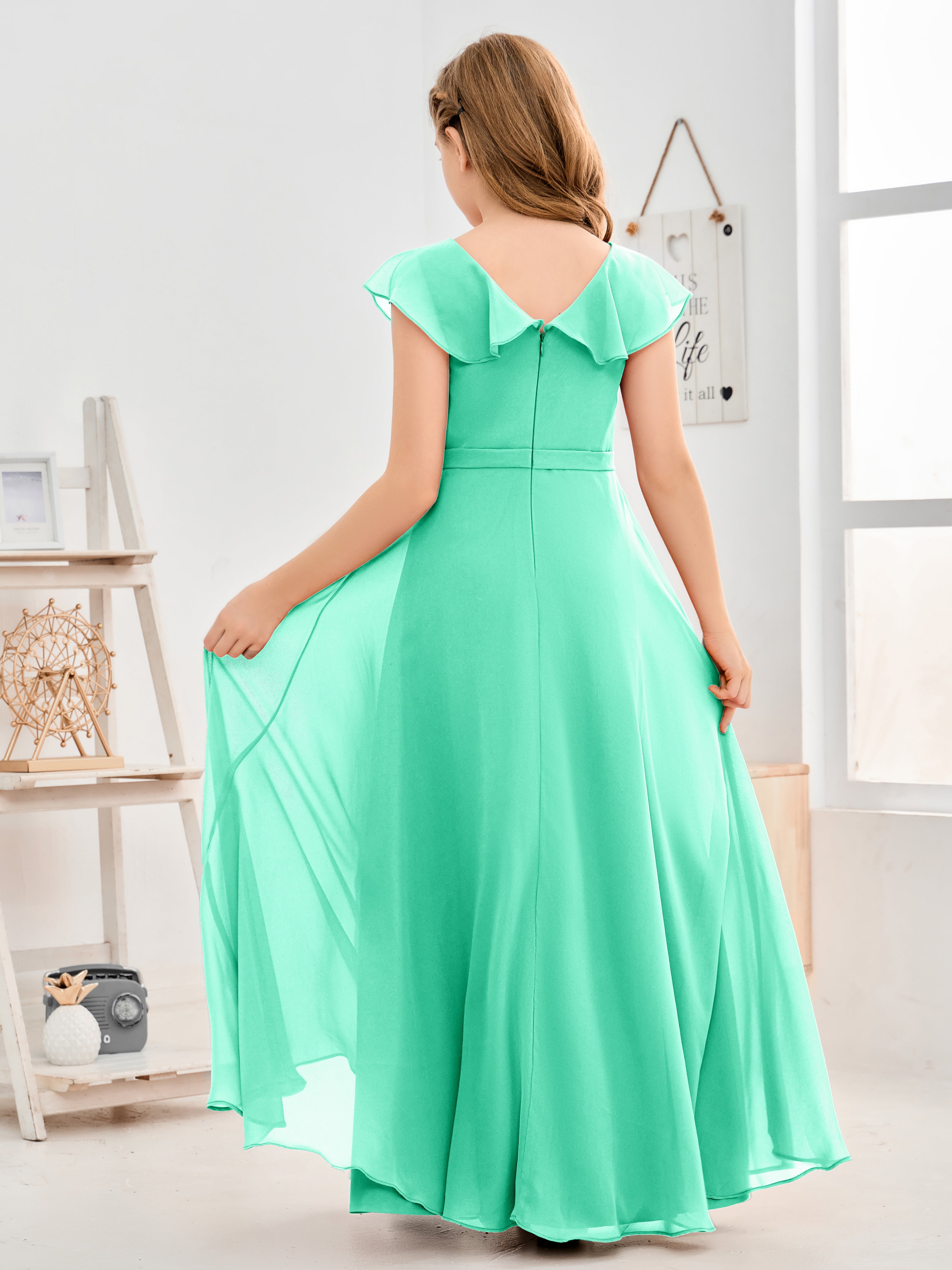 V Neck Ruffles Chiffon Junior Bridesmaid Dresses