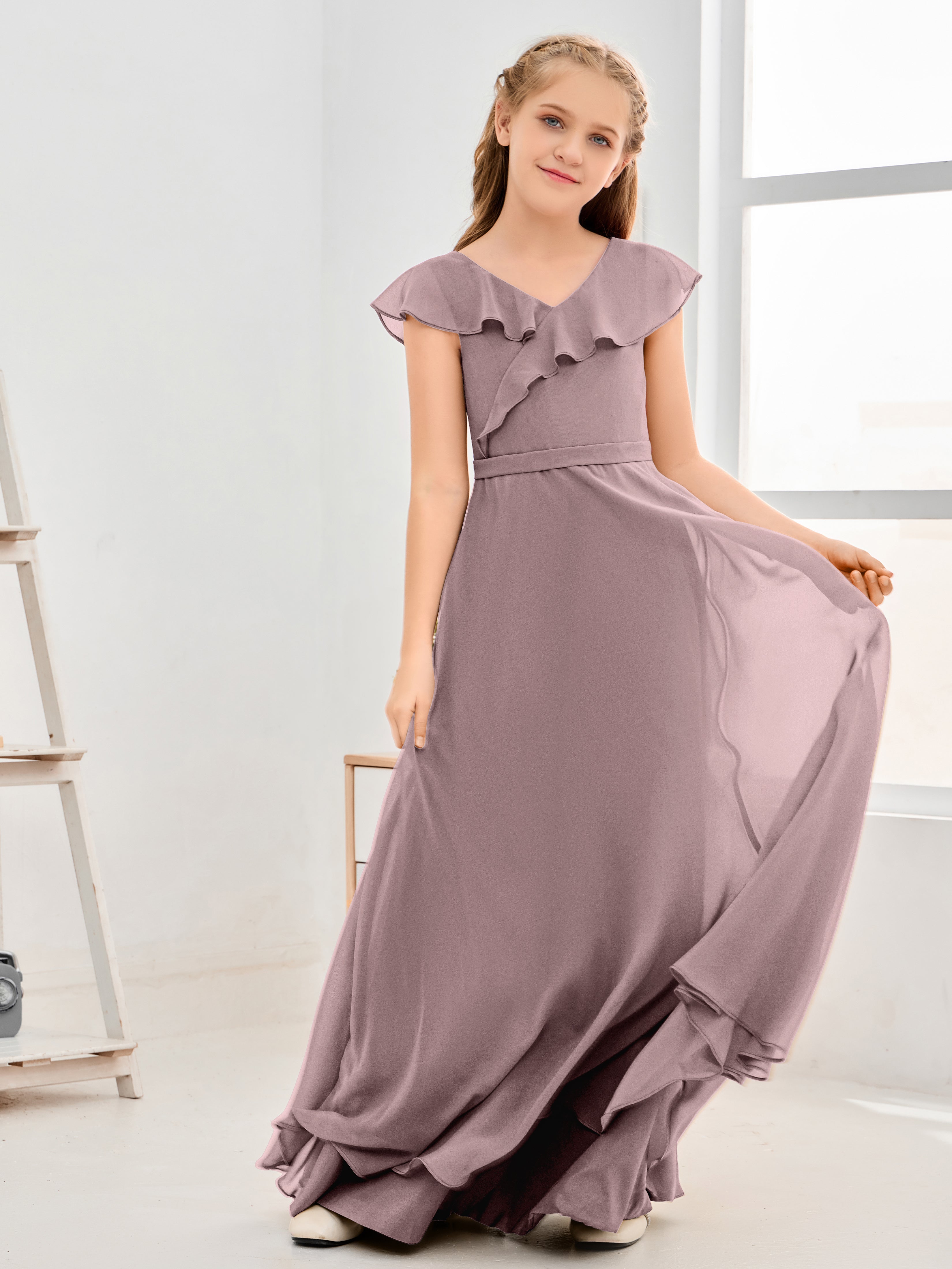 V Neck Ruffles Chiffon Junior Bridesmaid Dresses