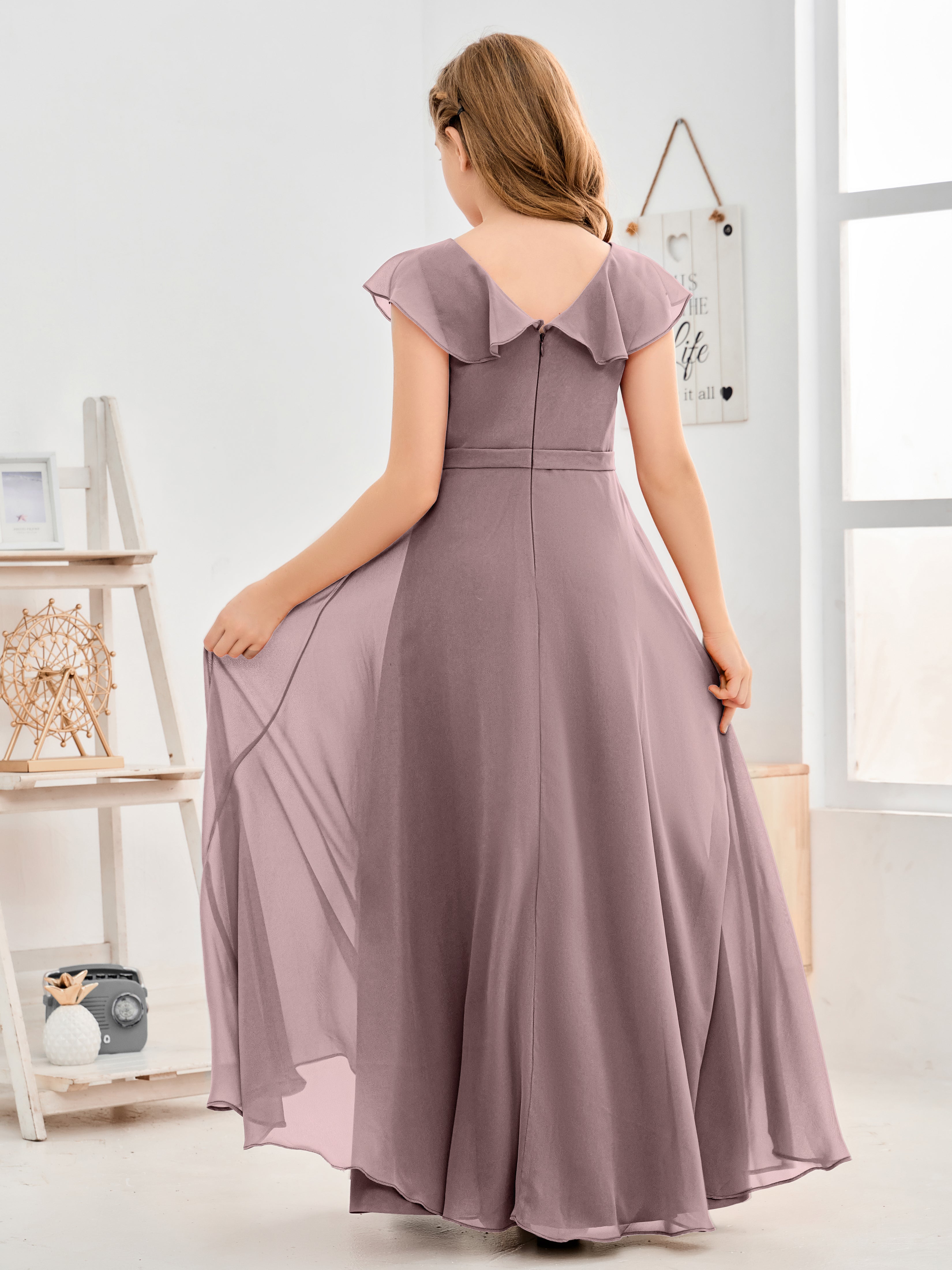 V Neck Ruffles Chiffon Junior Bridesmaid Dresses