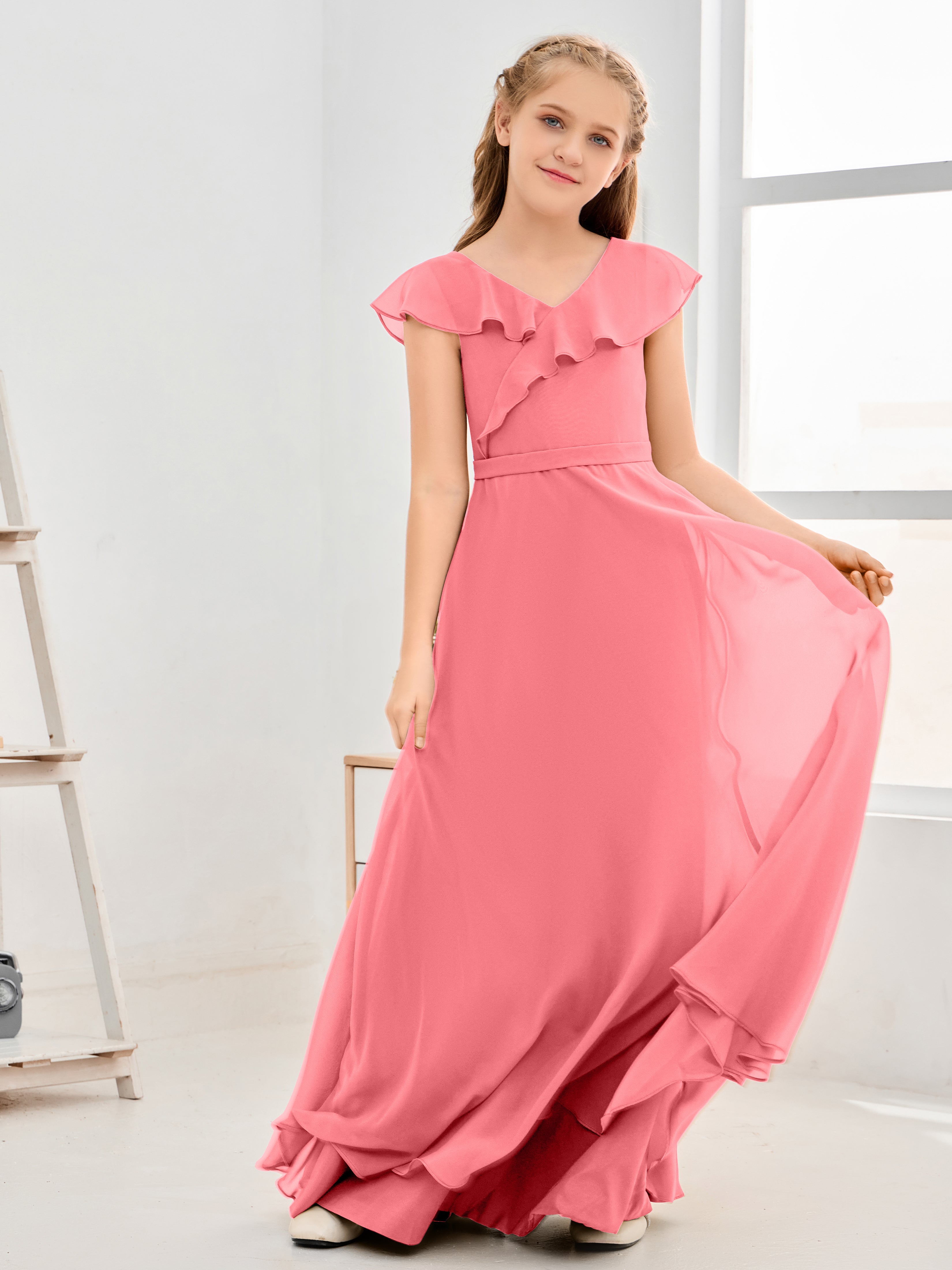 V Neck Ruffles Chiffon Junior Bridesmaid Dresses