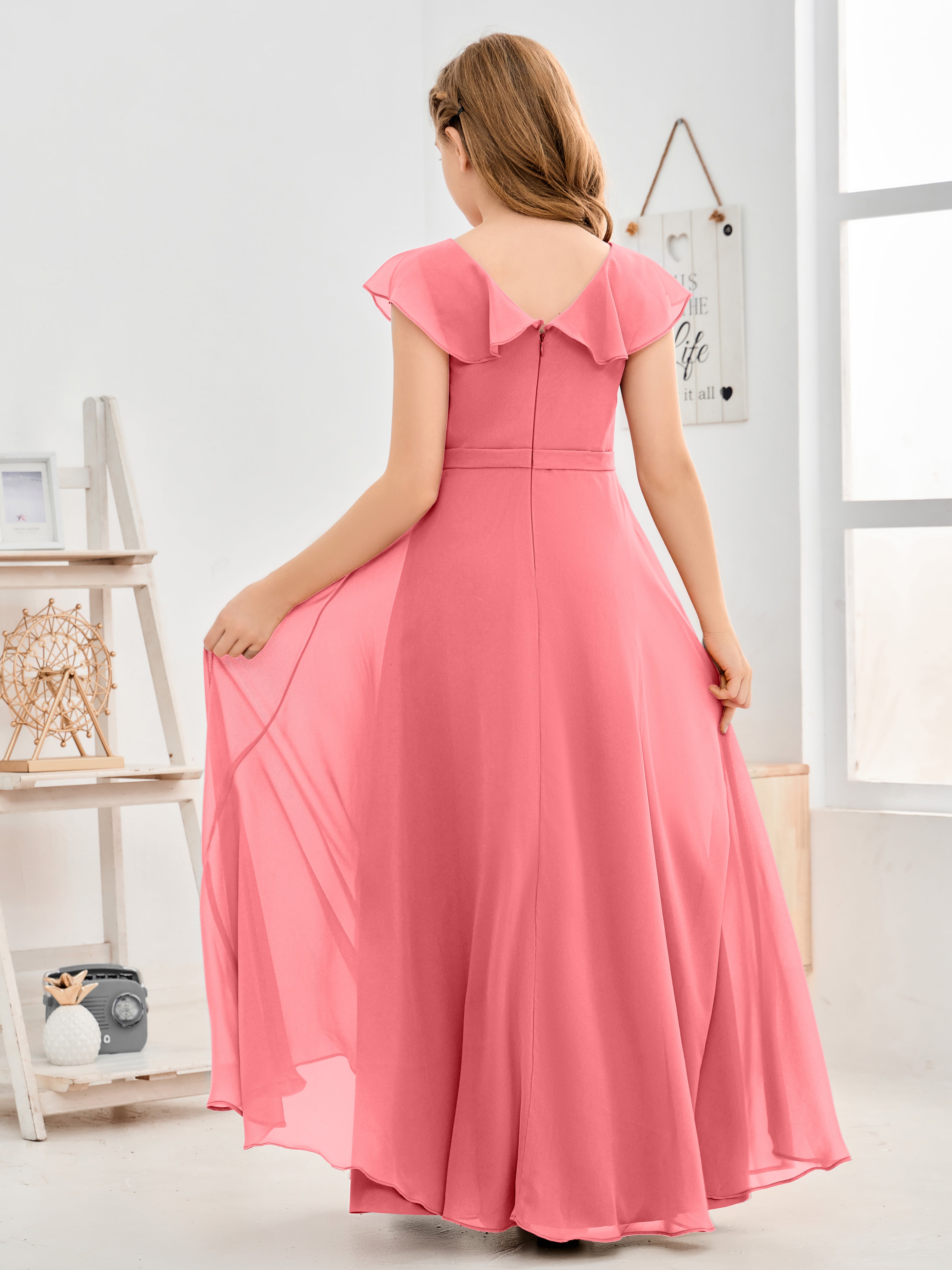 V Neck Ruffles Chiffon Junior Bridesmaid Dresses