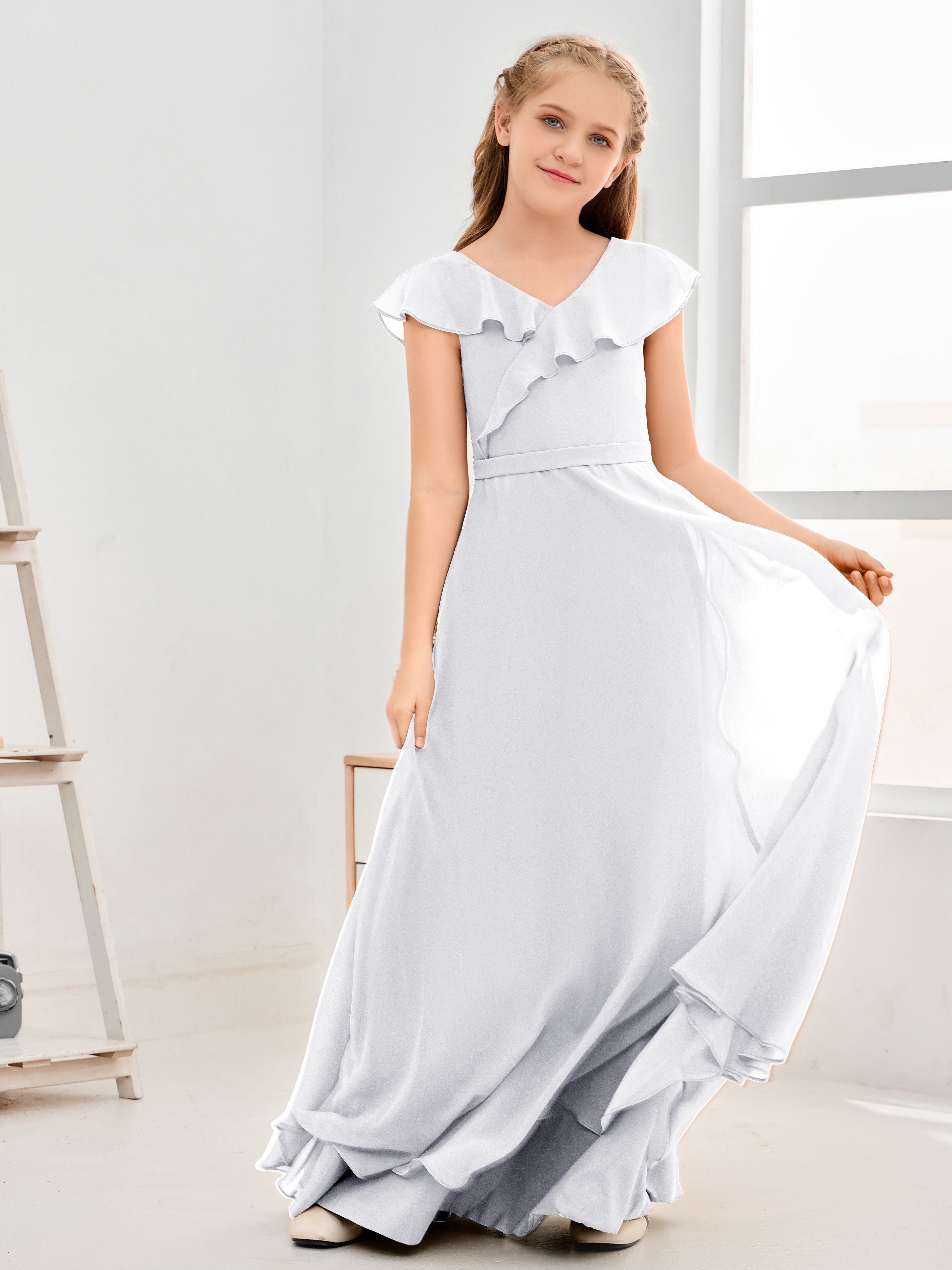 V Neck Ruffles Chiffon Junior Bridesmaid Dresses