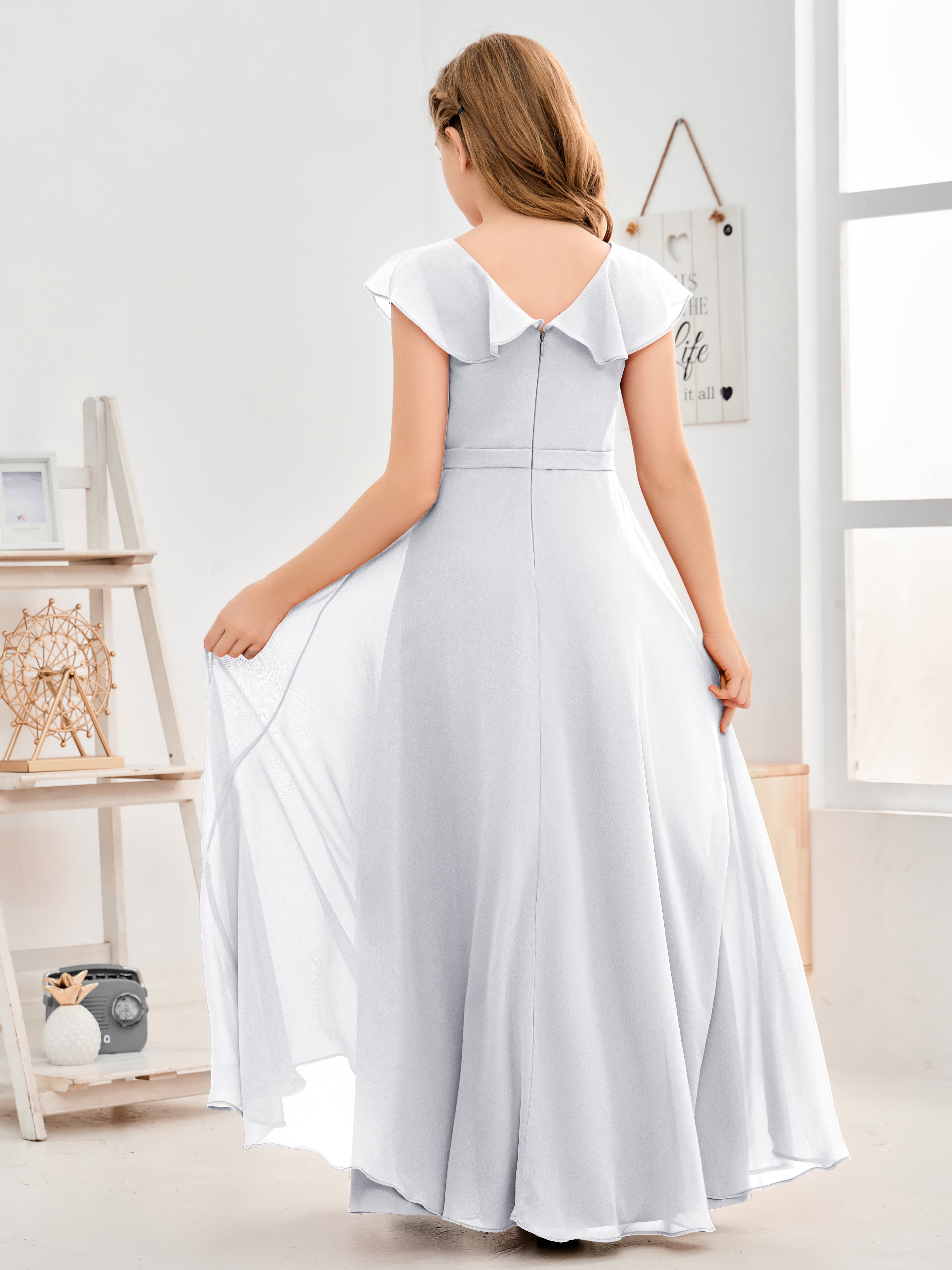 V Neck Ruffles Chiffon Junior Bridesmaid Dresses