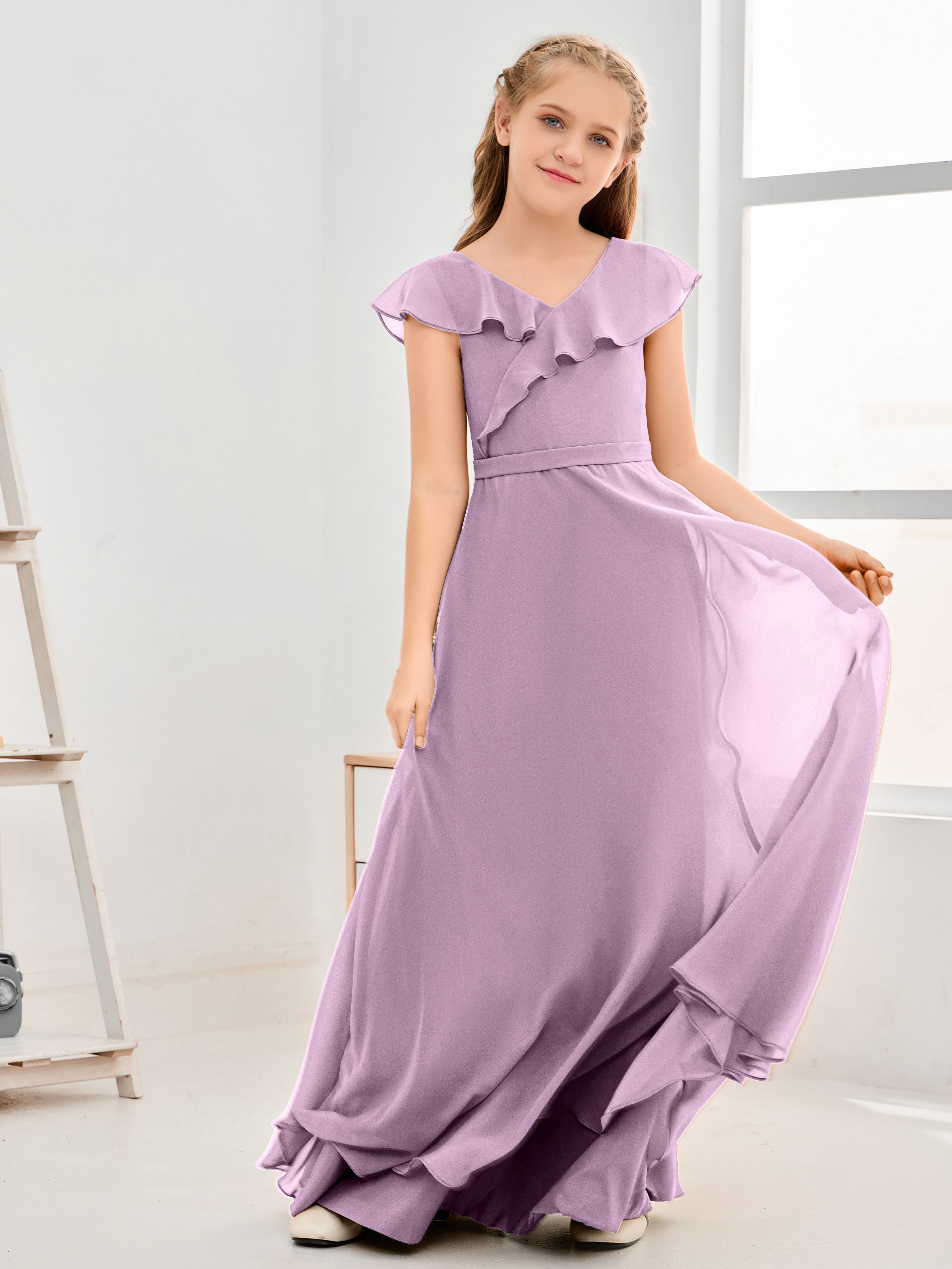 V Neck Ruffles Chiffon Junior Bridesmaid Dresses