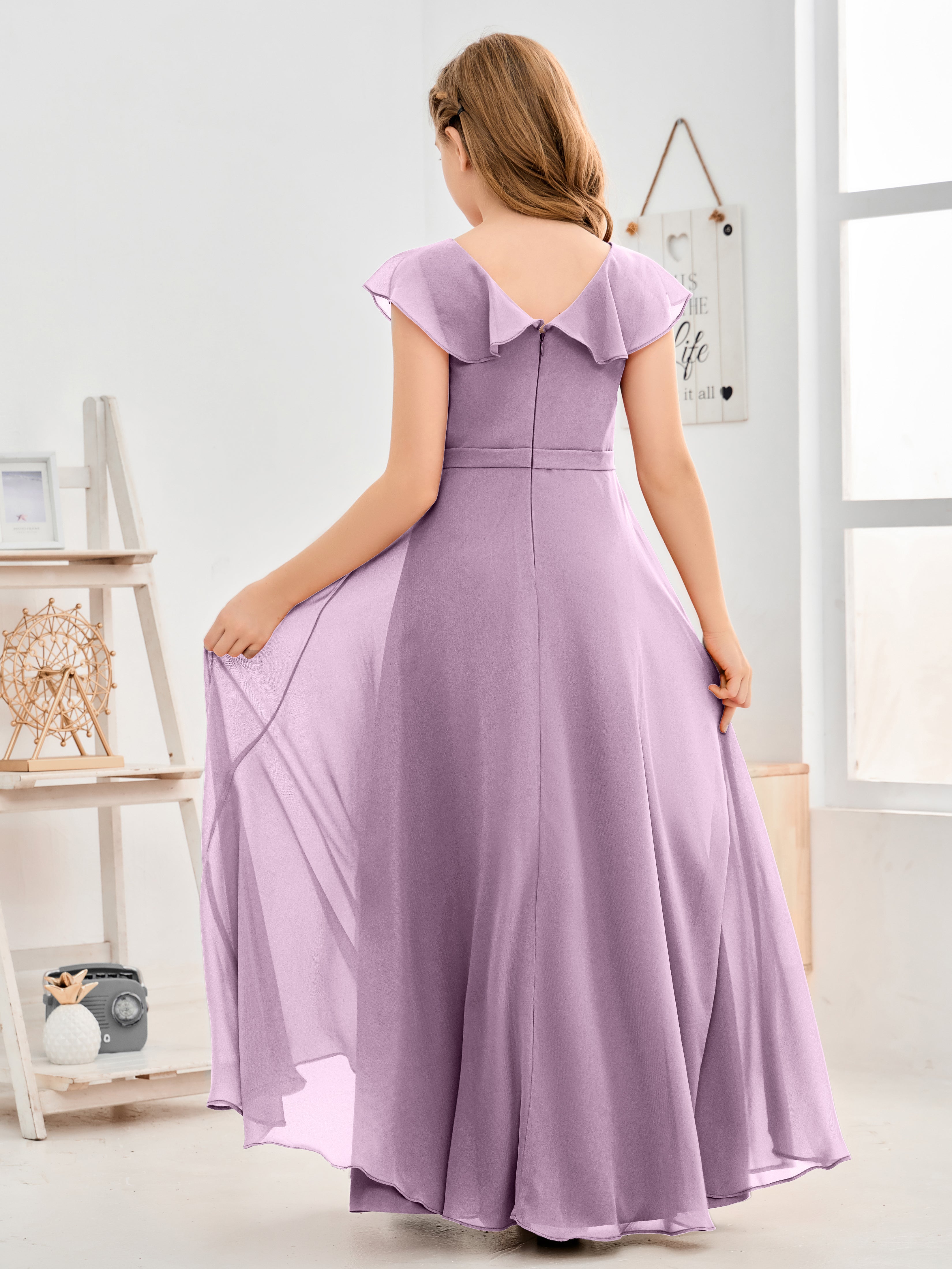 V Neck Ruffles Chiffon Junior Bridesmaid Dresses