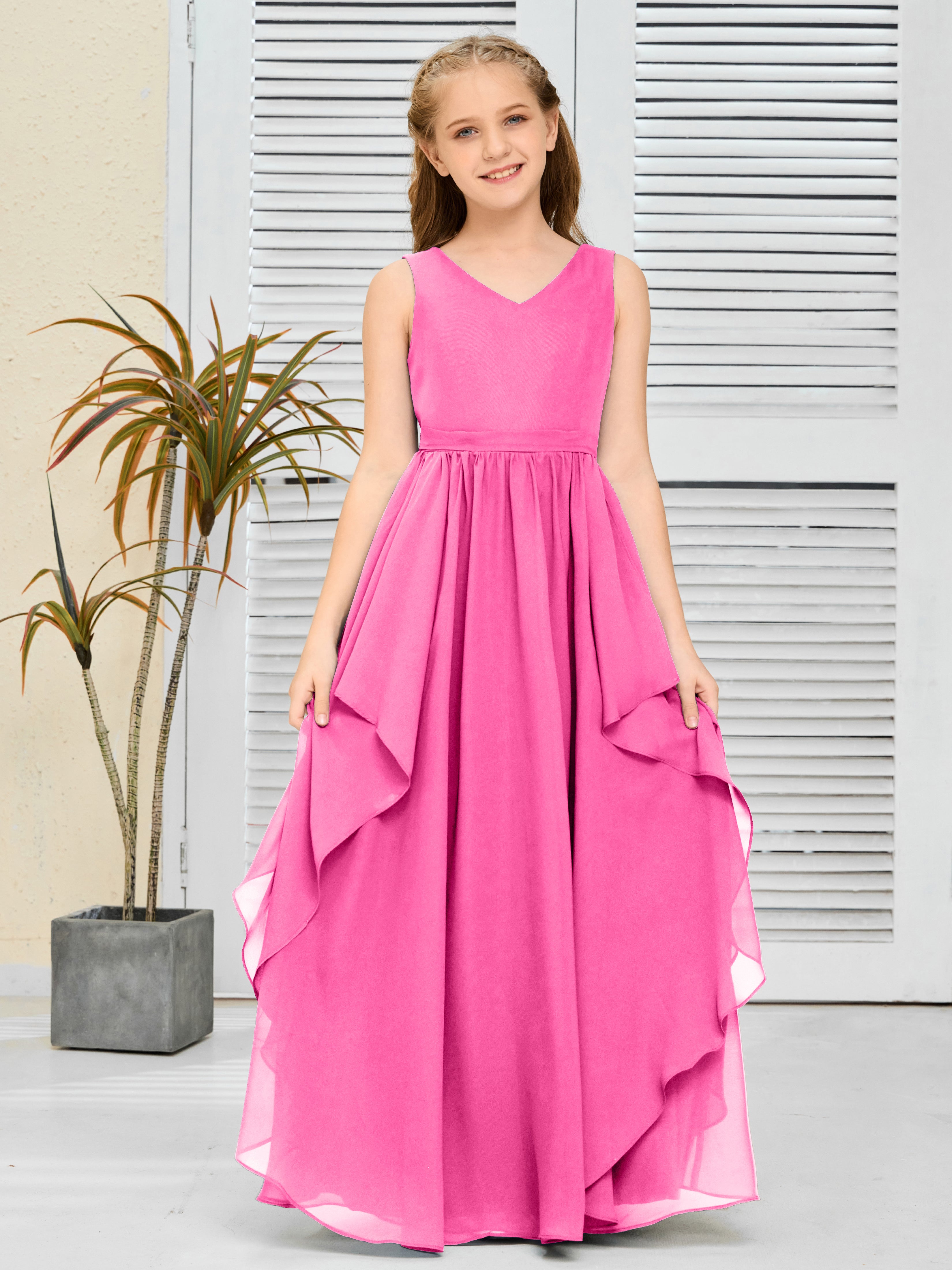 V-Neck Sleeveless Chiffon Junior Bridesmaid Dress