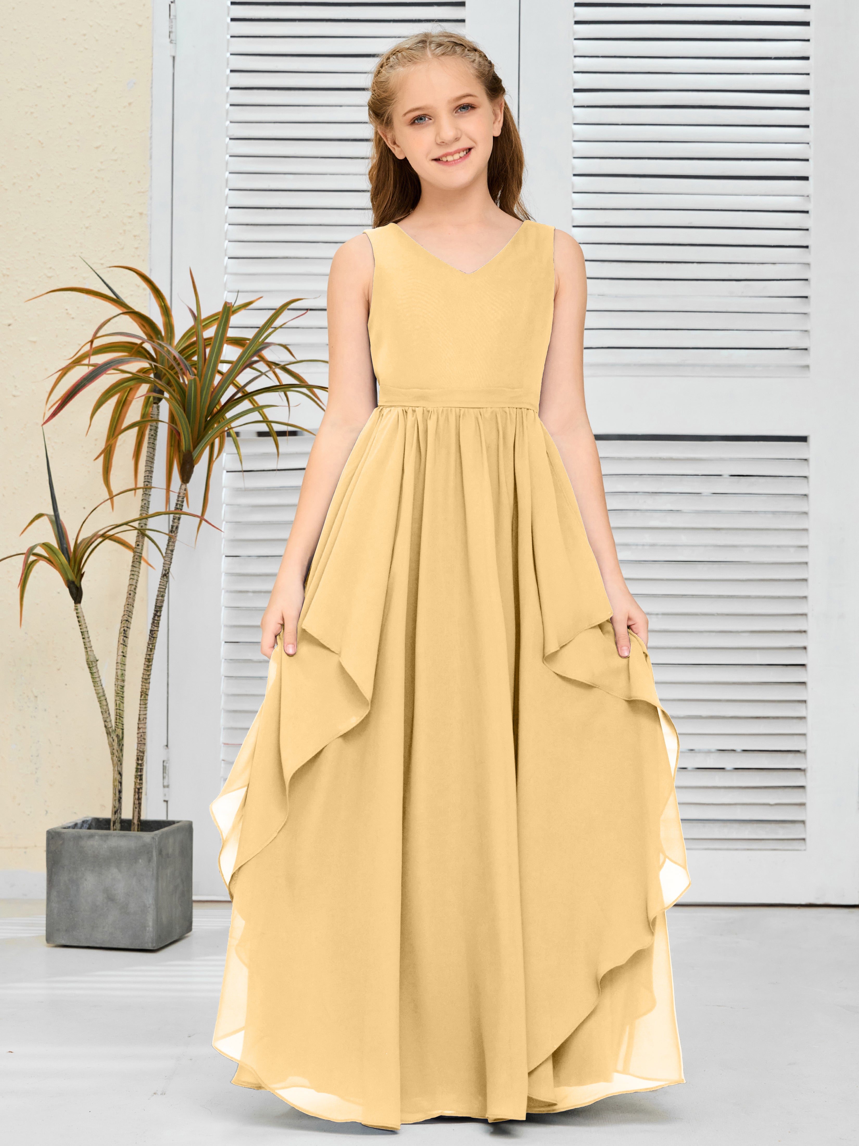 V-Neck Sleeveless Chiffon Junior Bridesmaid Dress