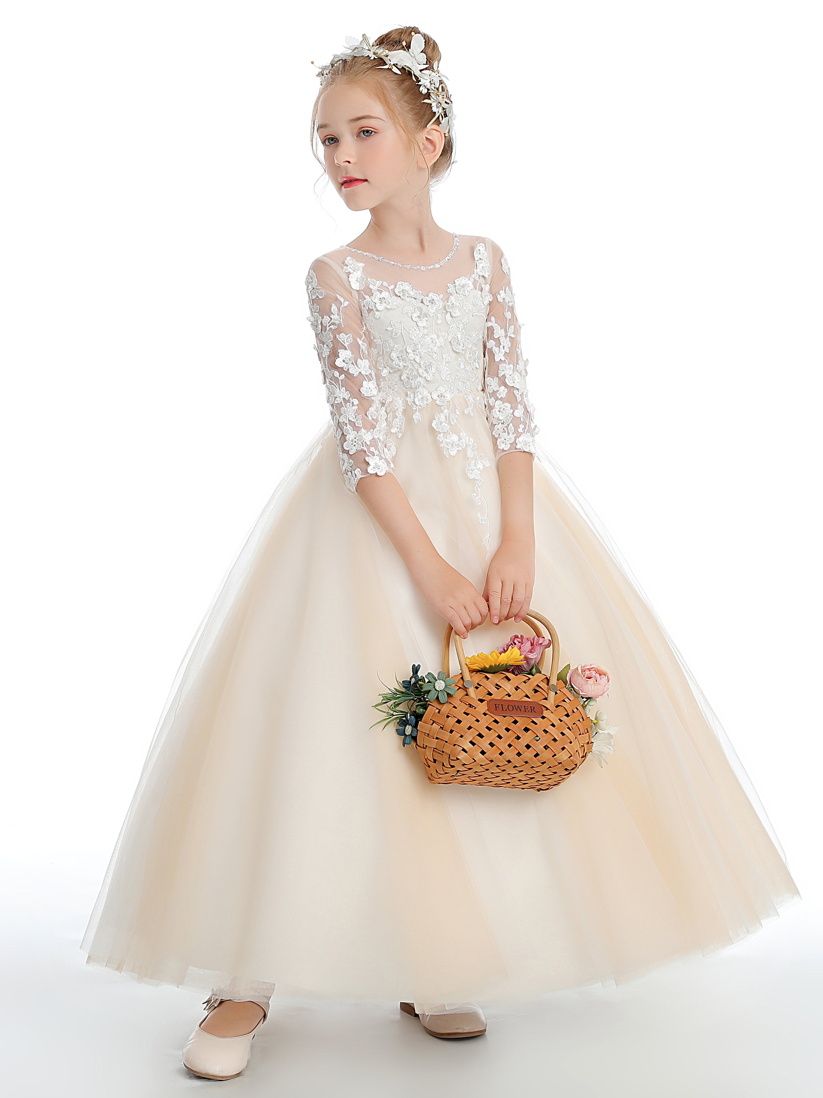 A line Half Sleeves Lace Flower Girl Dress