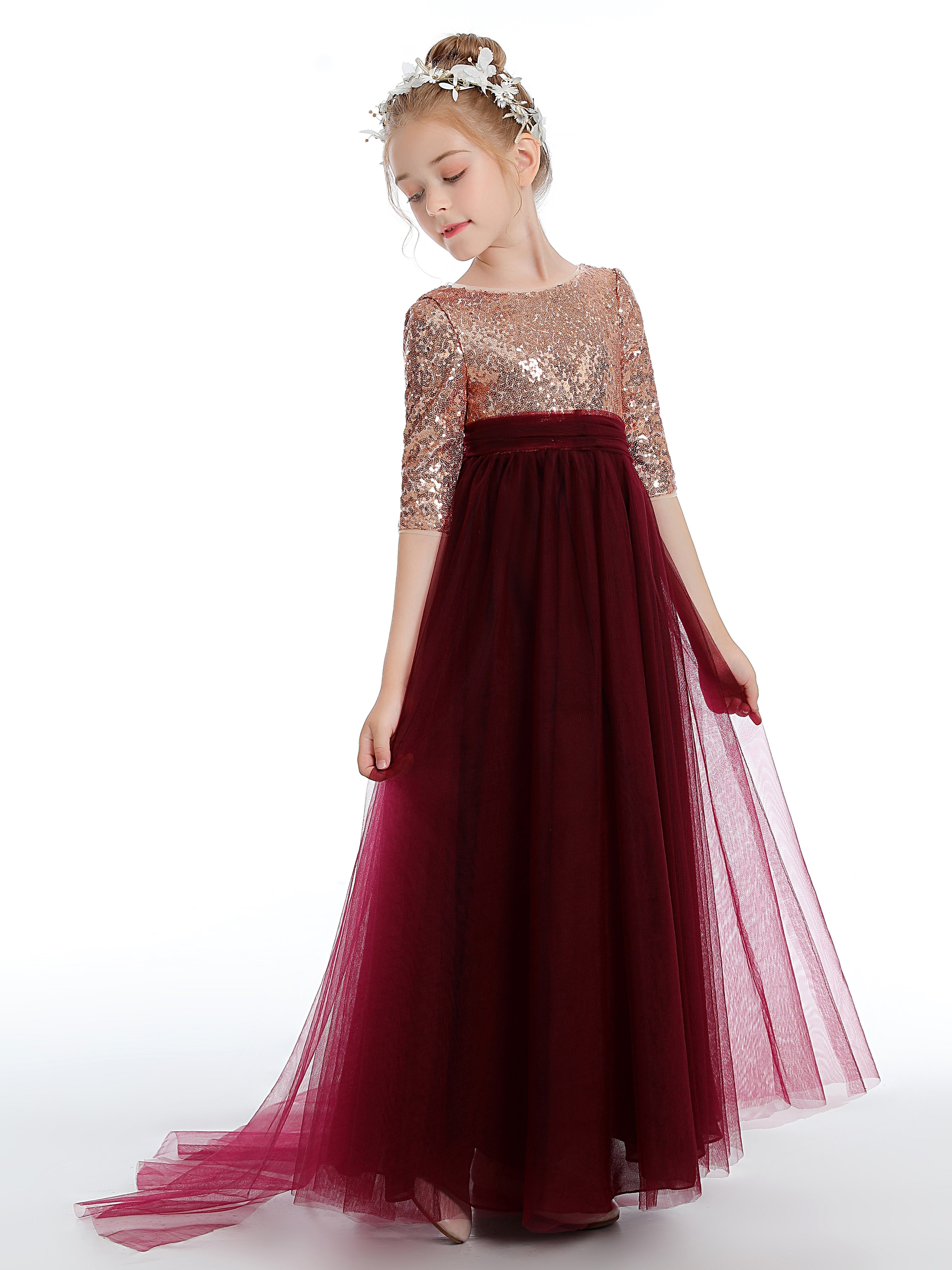 Burgundy Half Sleeves Sequins Tulle Flower Girl Dress