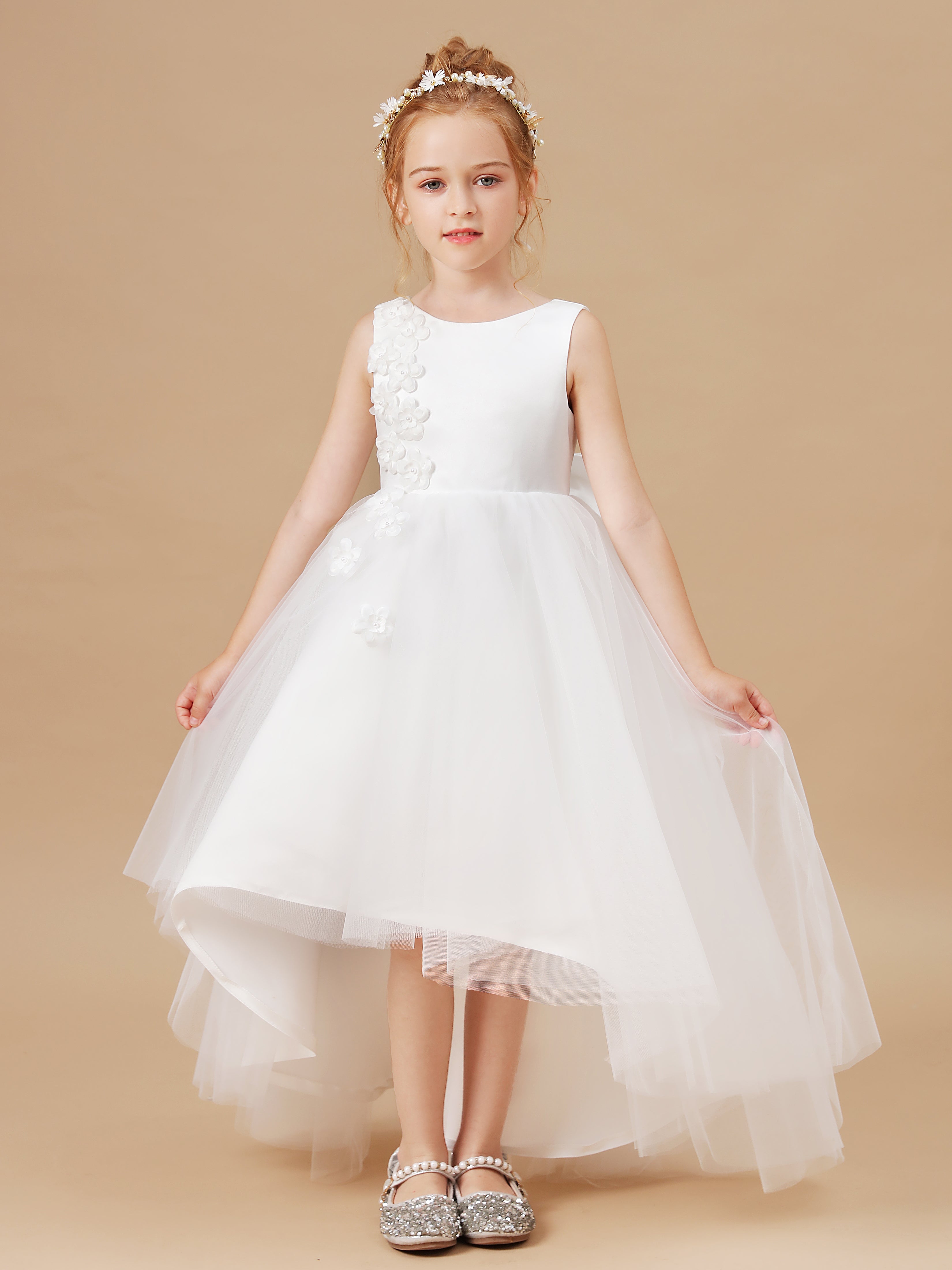 Horcute Embroidered Flower Girl Dress - Long Tailing Wedding Dress For Girls, Sizes 3T To M (10-12), Back Zipper Closure