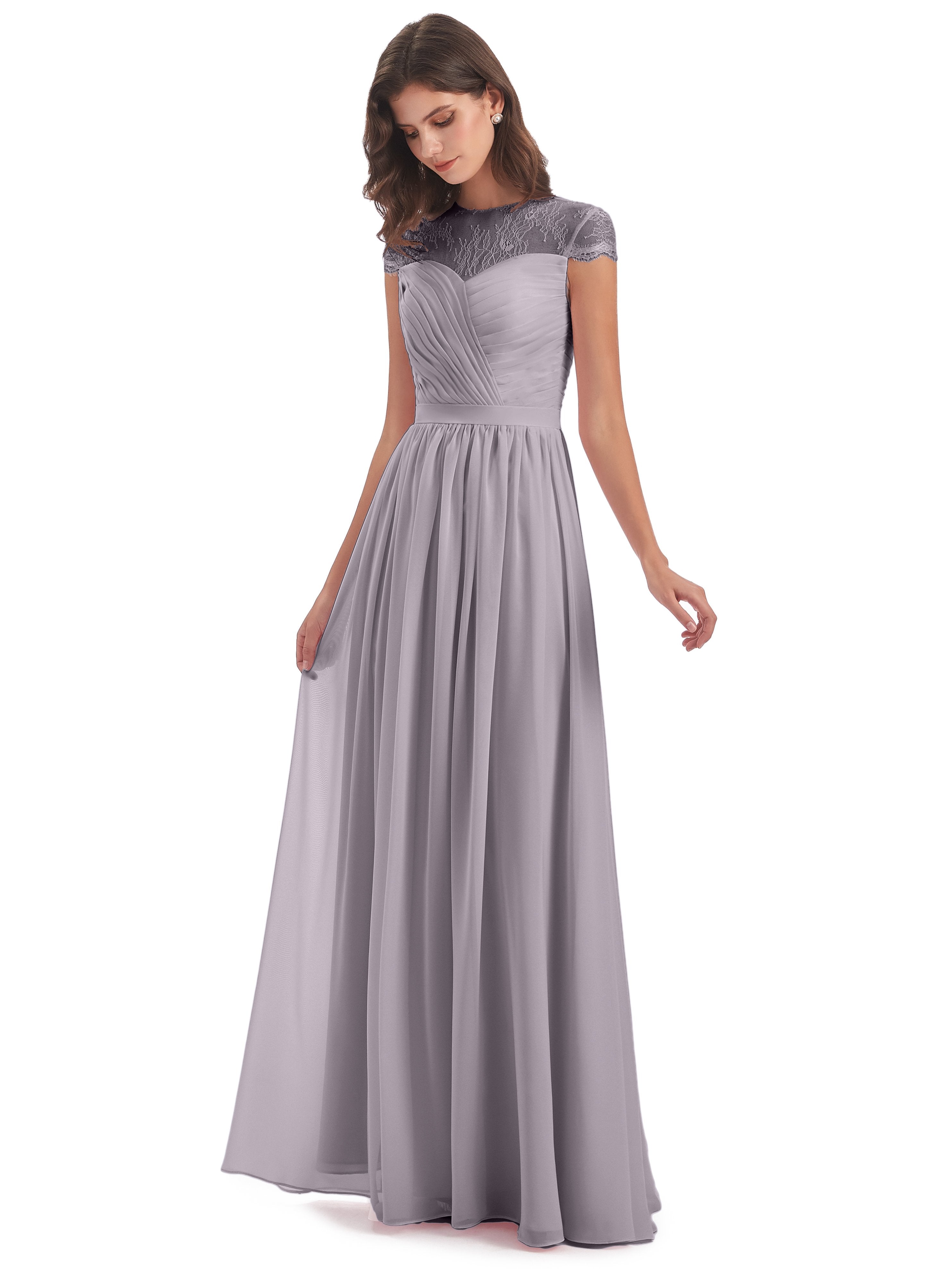 Modest Chiffon/Lace A-line Long Bridesmaid Dresses