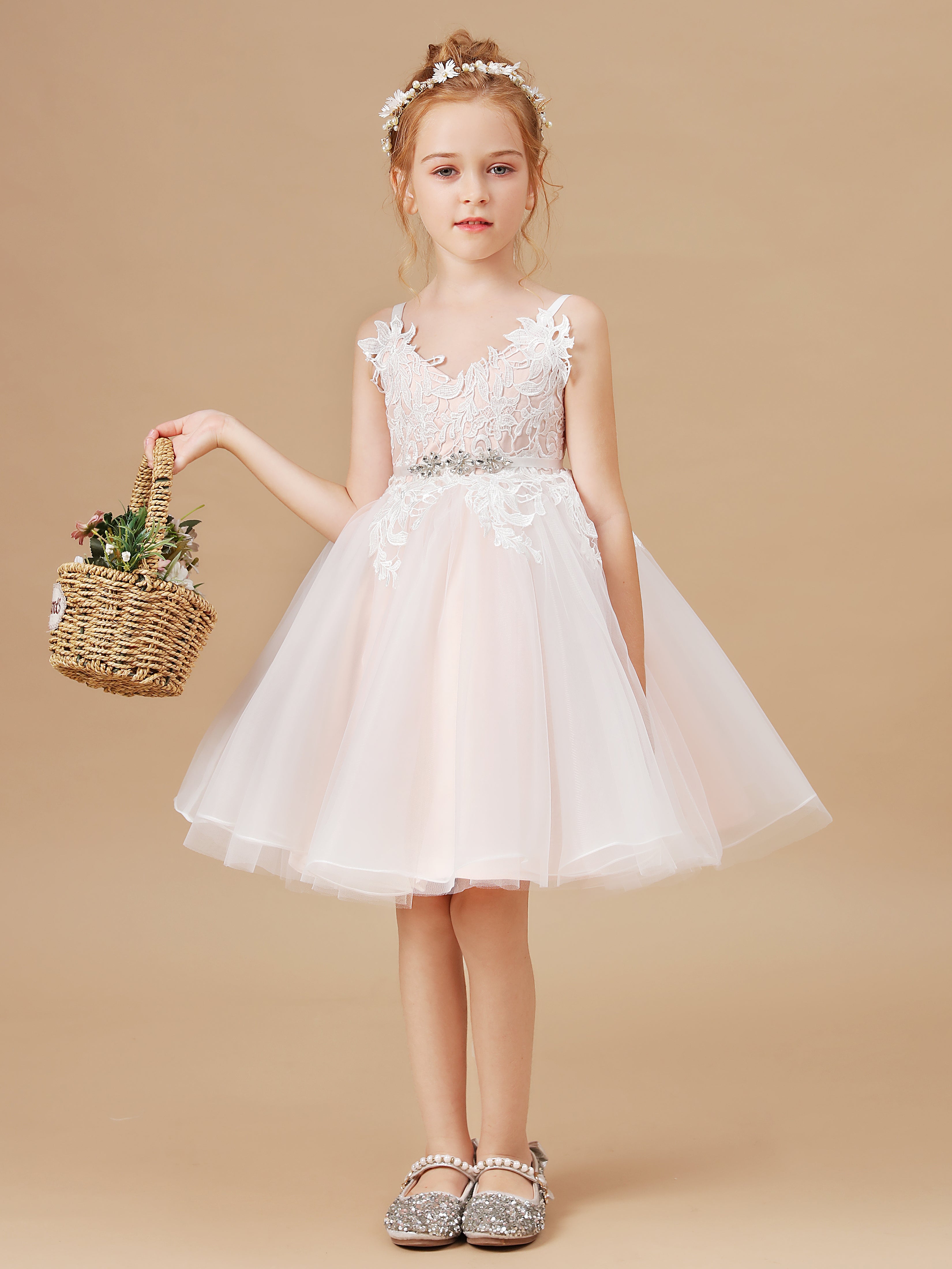 Lovely V neck Beading Short Flower Girl Dress