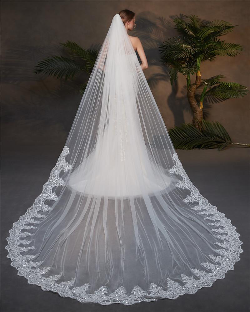 One Tier Sequin and Lace Cathedral Veil