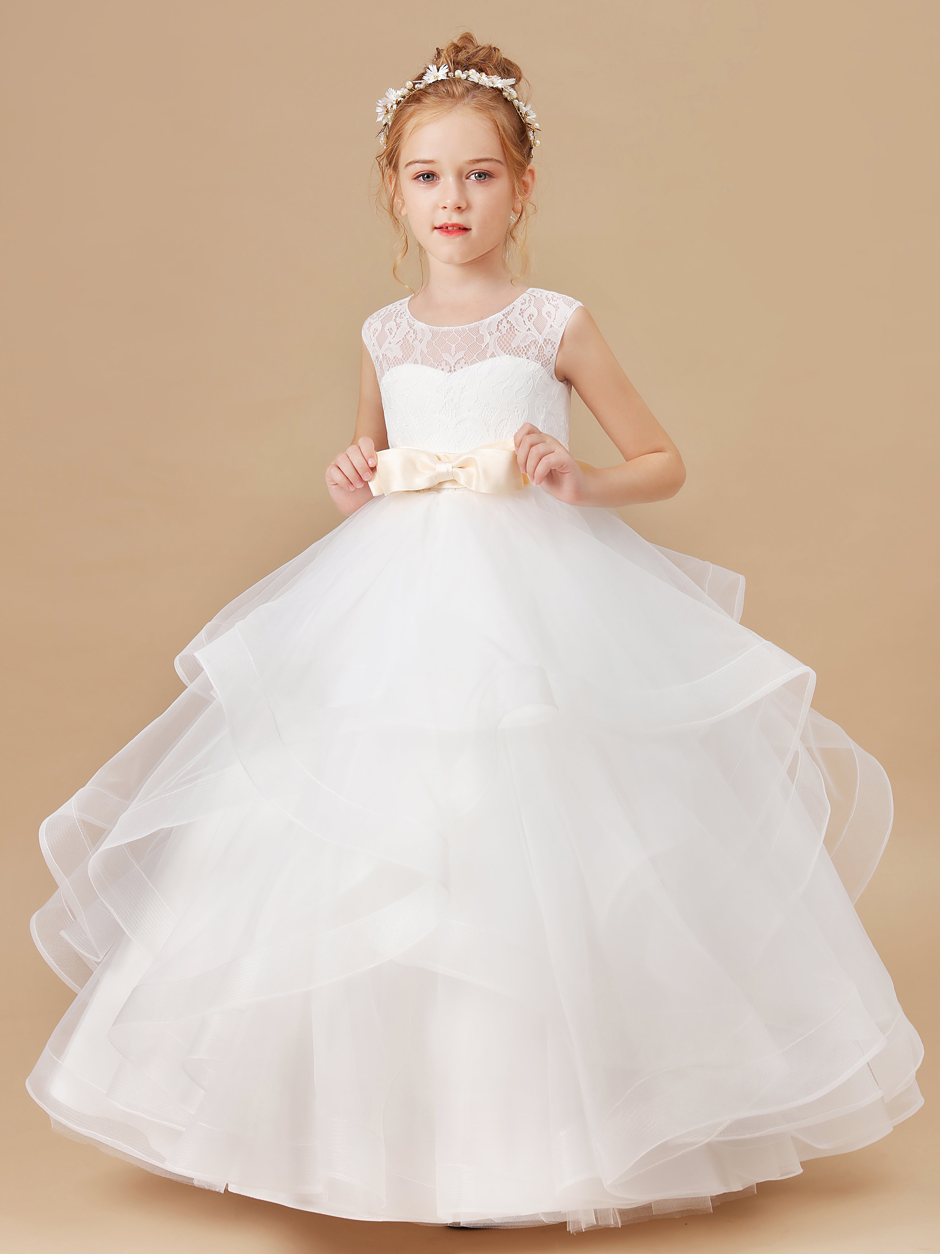 Tulle Ruffled Satin Flower Girl Dresses With Bow