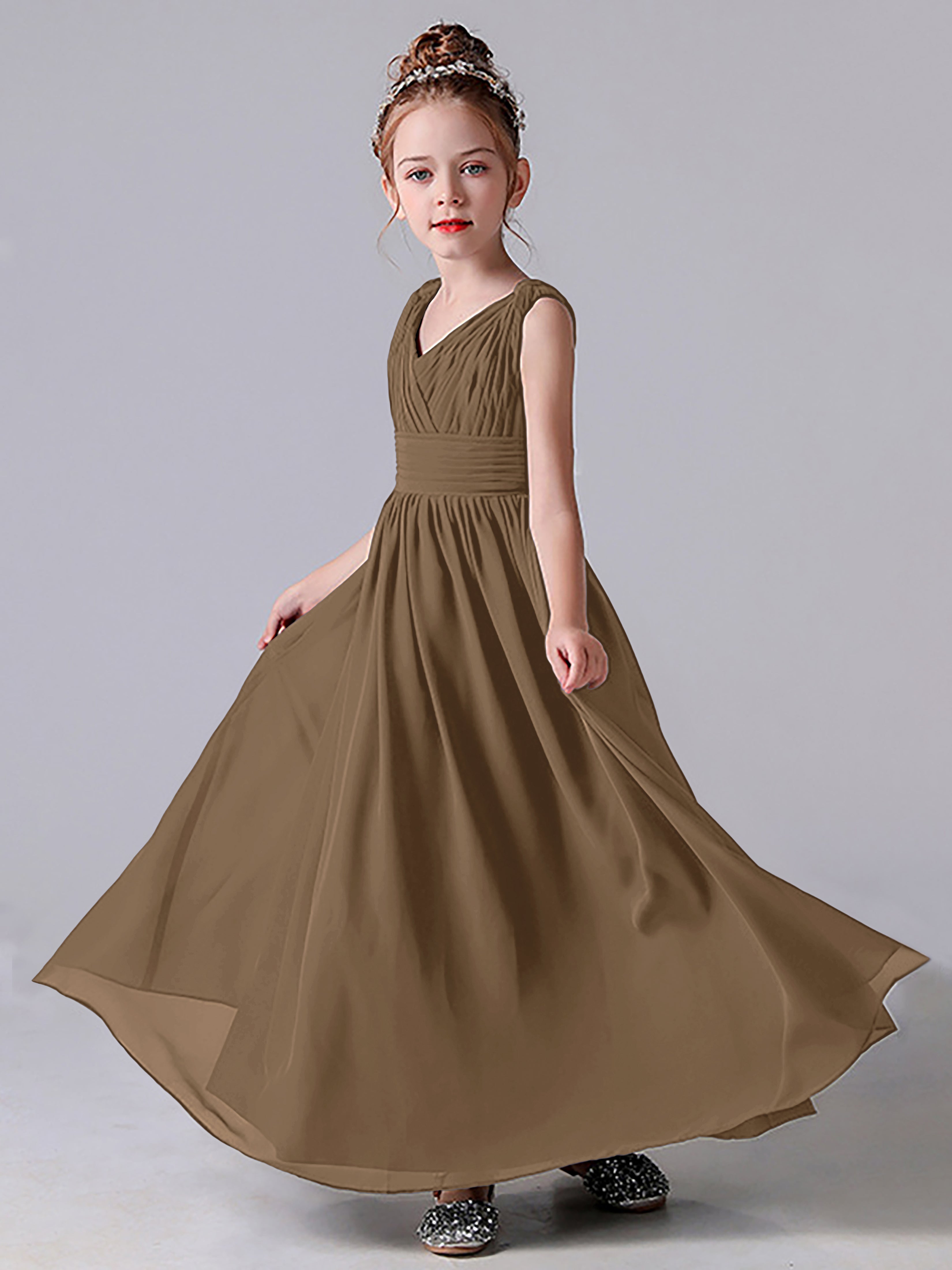 V Neck Pleats Sleeveless Junior Bridesmaid Dress