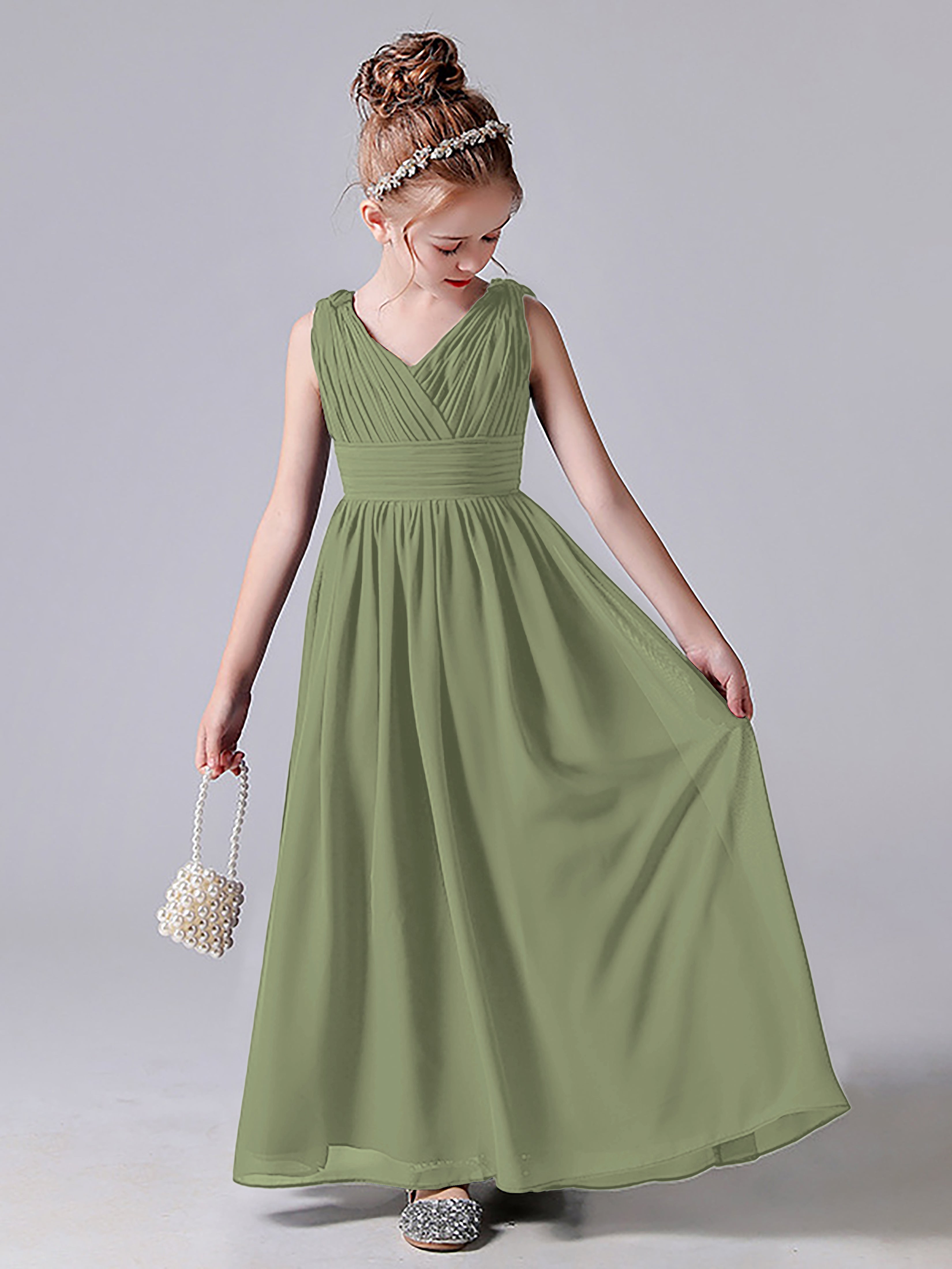 V Neck Pleats Sleeveless Junior Bridesmaid Dress