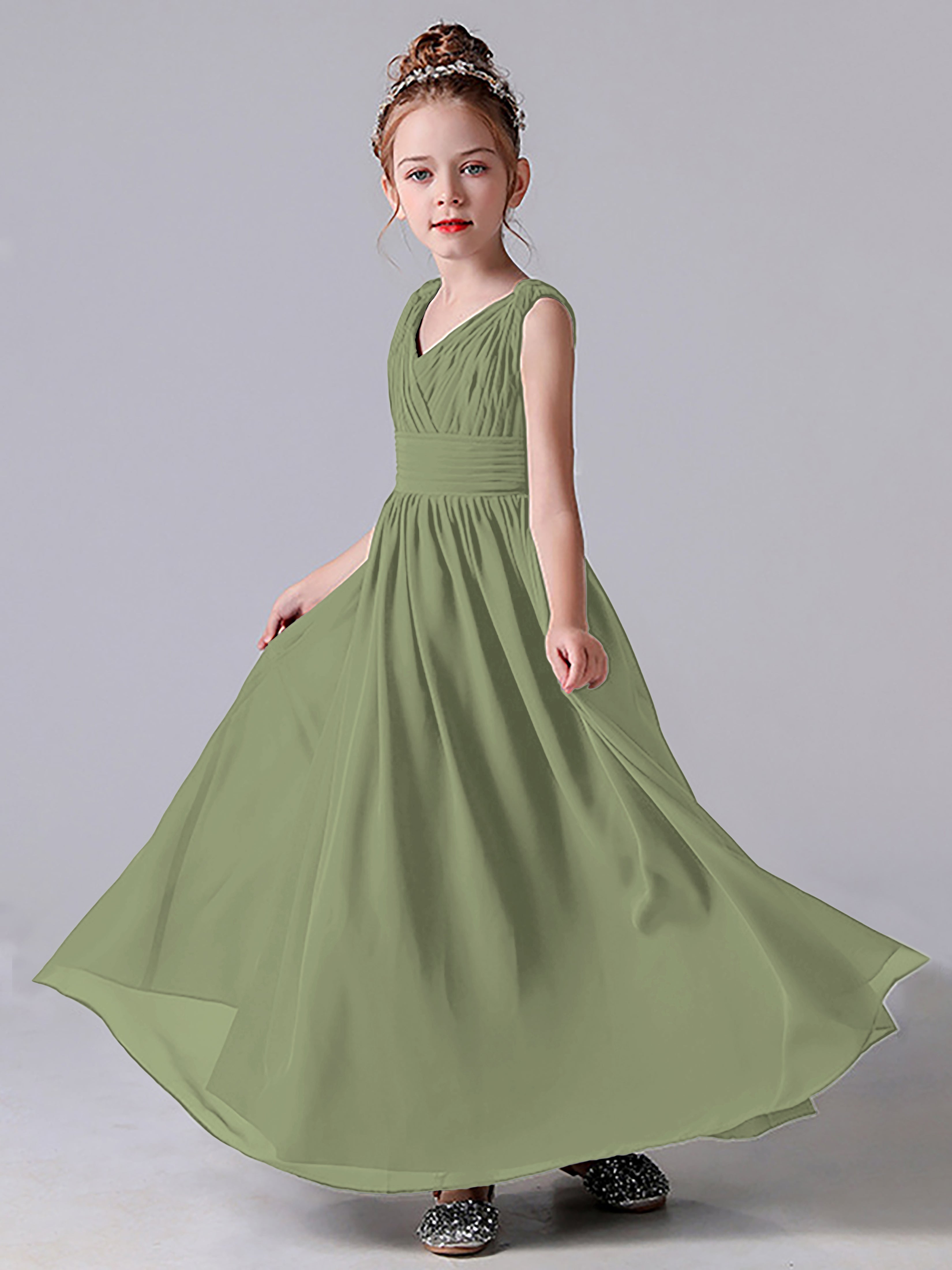 V Neck Pleats Sleeveless Junior Bridesmaid Dress