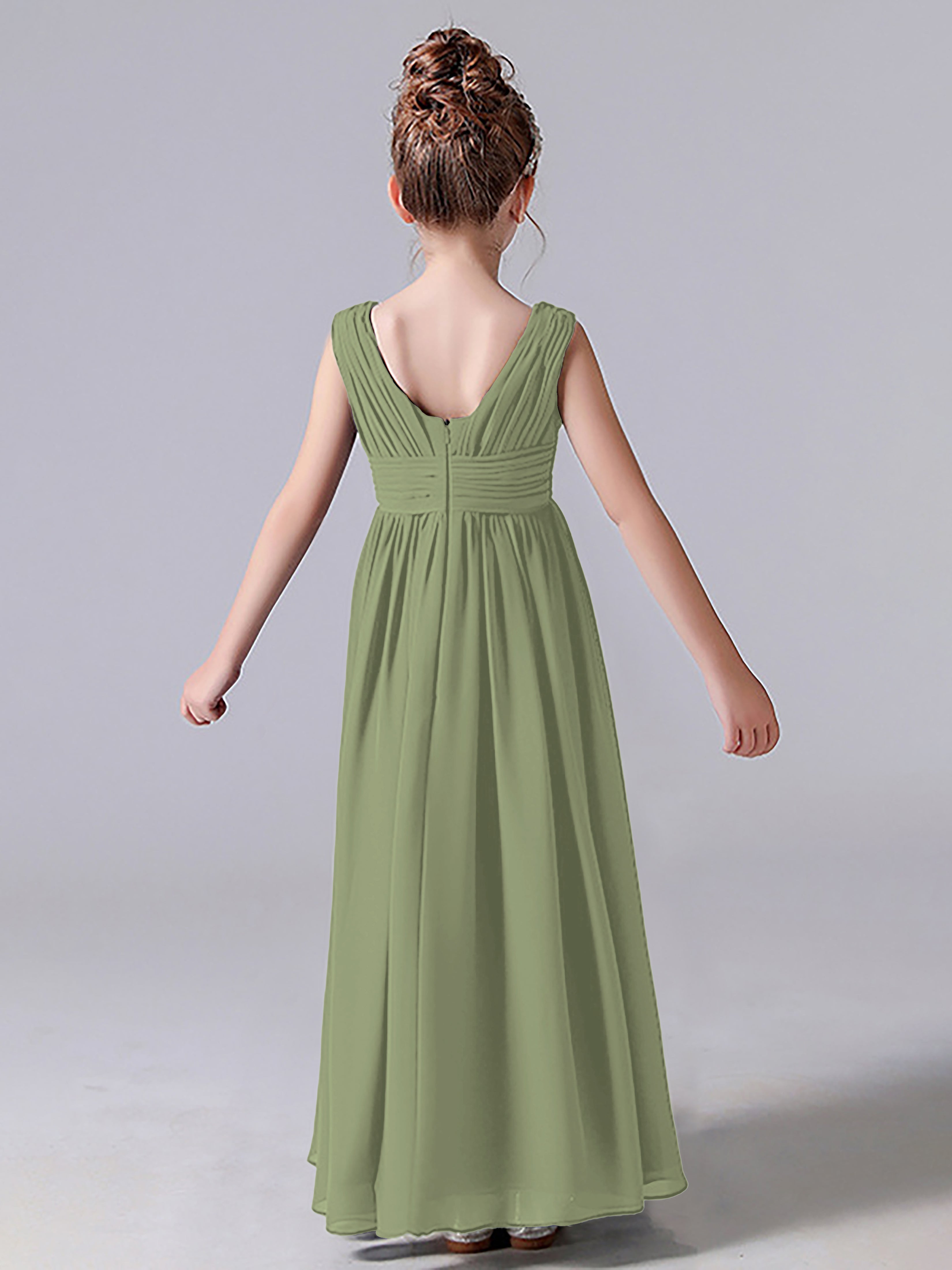 V Neck Pleats Sleeveless Junior Bridesmaid Dress