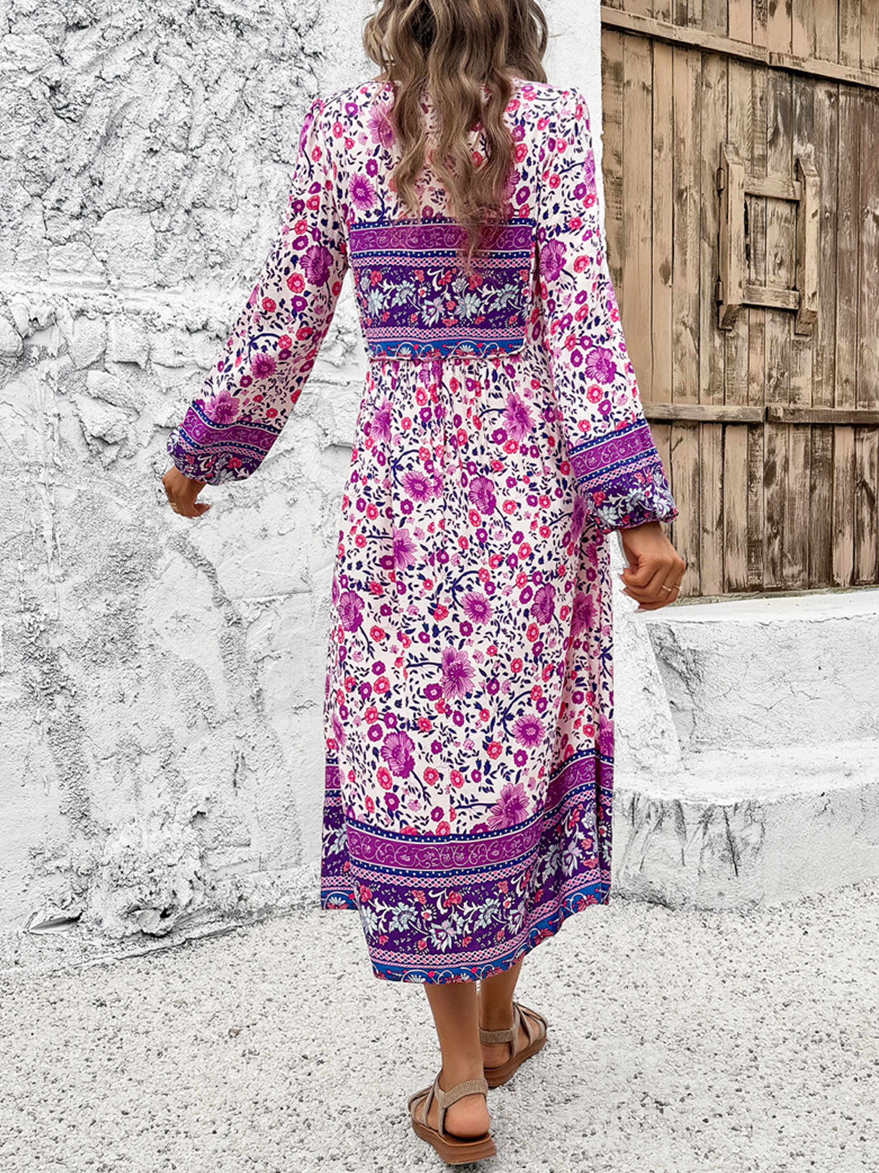 V-Neck Floral Boho A Line Long Sleeves Purple Wedding Guest Dress