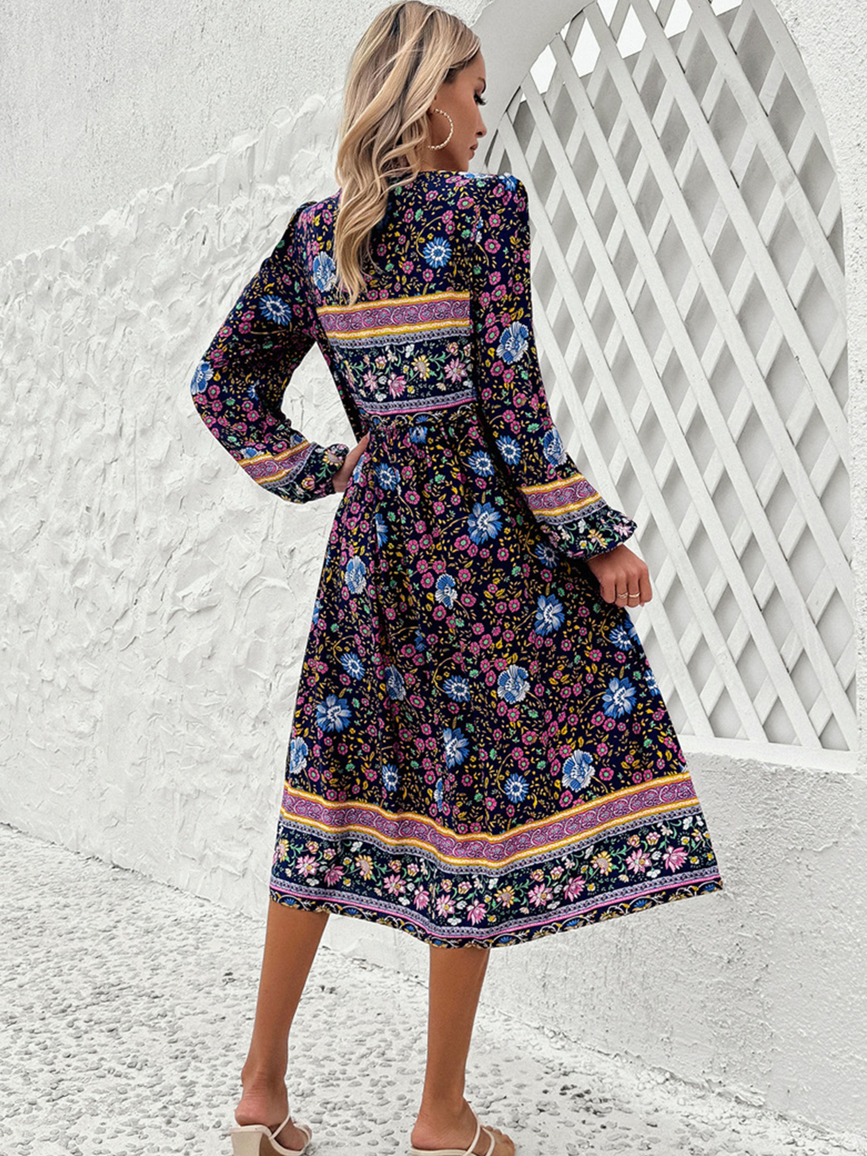 V-Neck Floral Boho A Line Long Sleeves Dark Navy Wedding Guest Dress