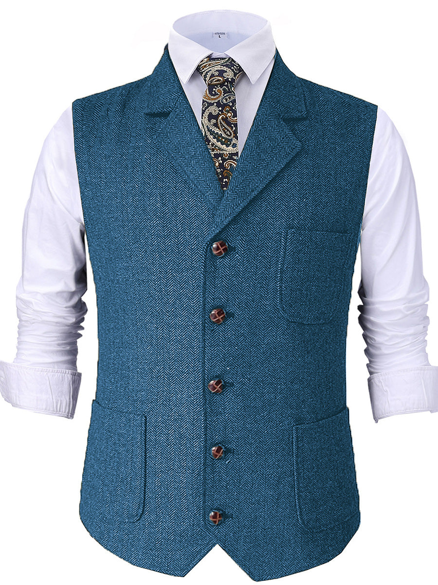 Blue Vintage Peak Lapel Slim Fit Single Breasted Solid Color Men's Vest