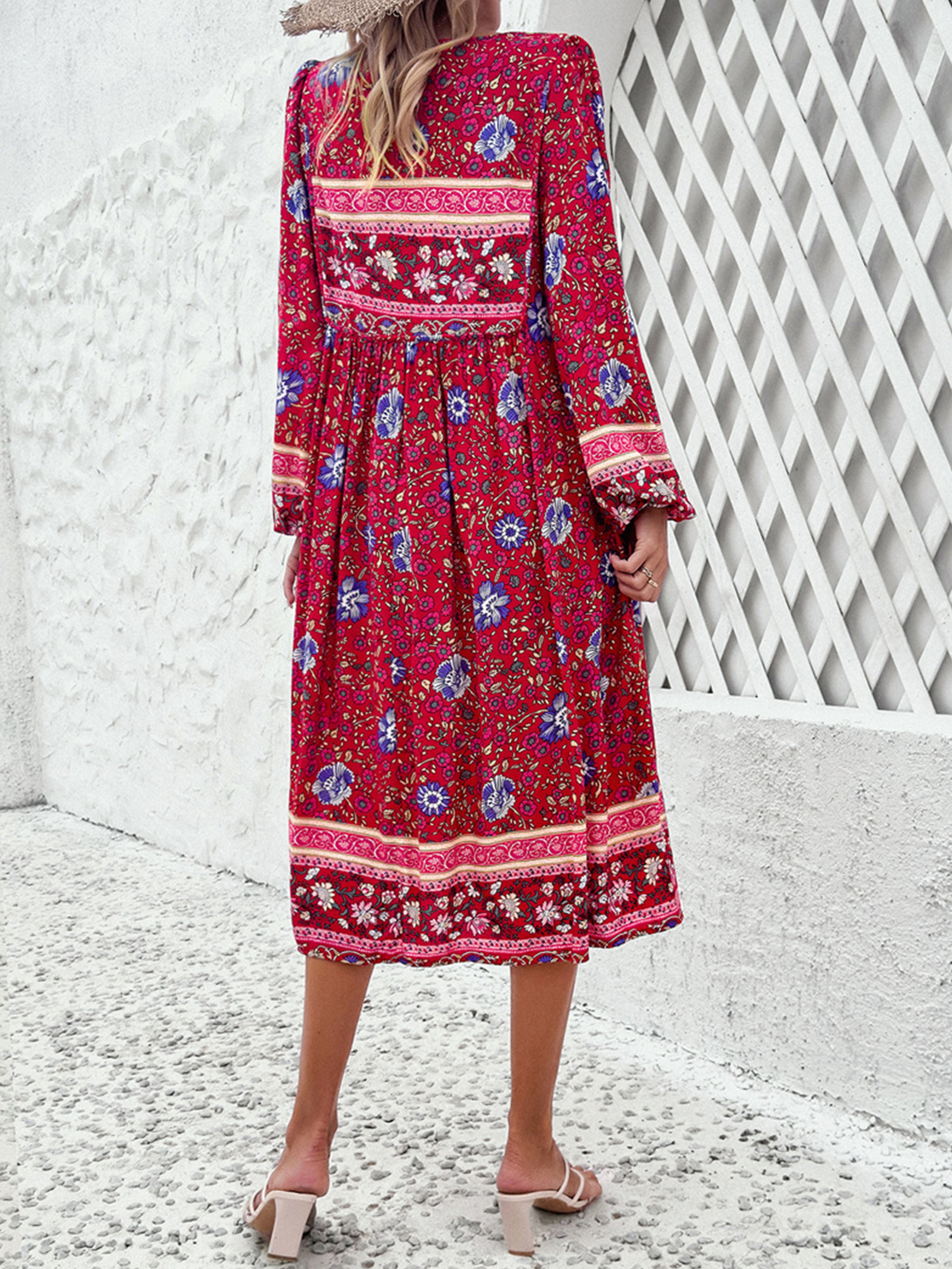 V-Neck Floral Boho A Line Long Sleeves Fuchsia Red Wedding Guest Dress