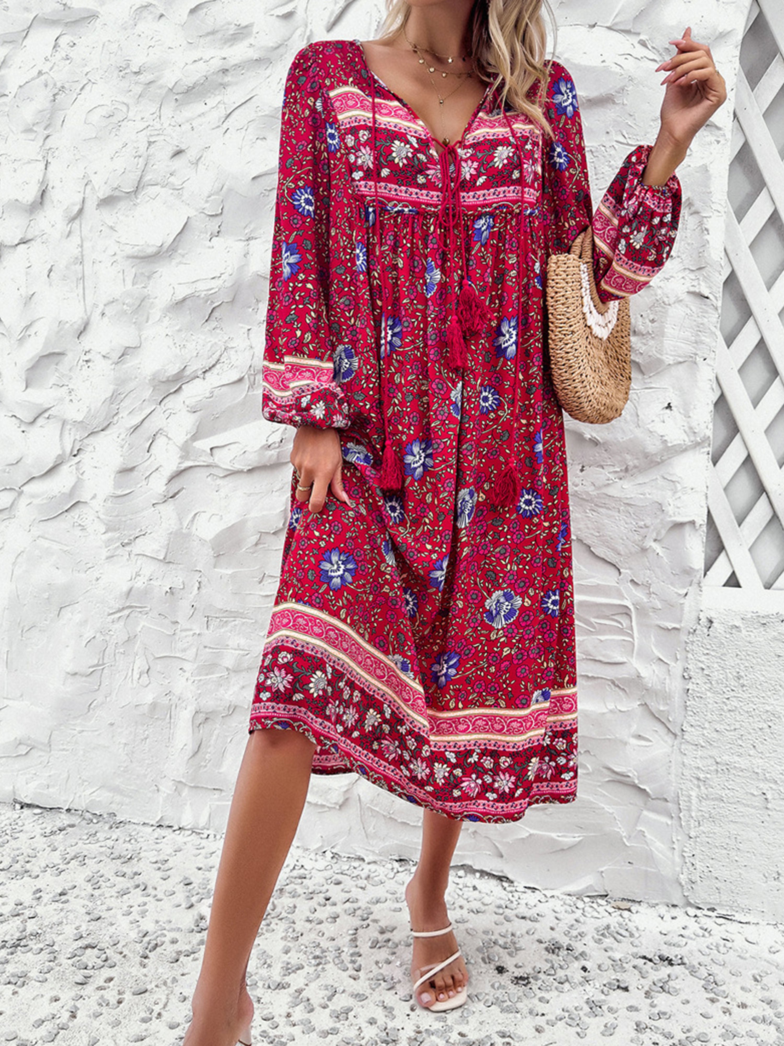 V-Neck Floral Boho A Line Long Sleeves Fuchsia Red Wedding Guest Dress