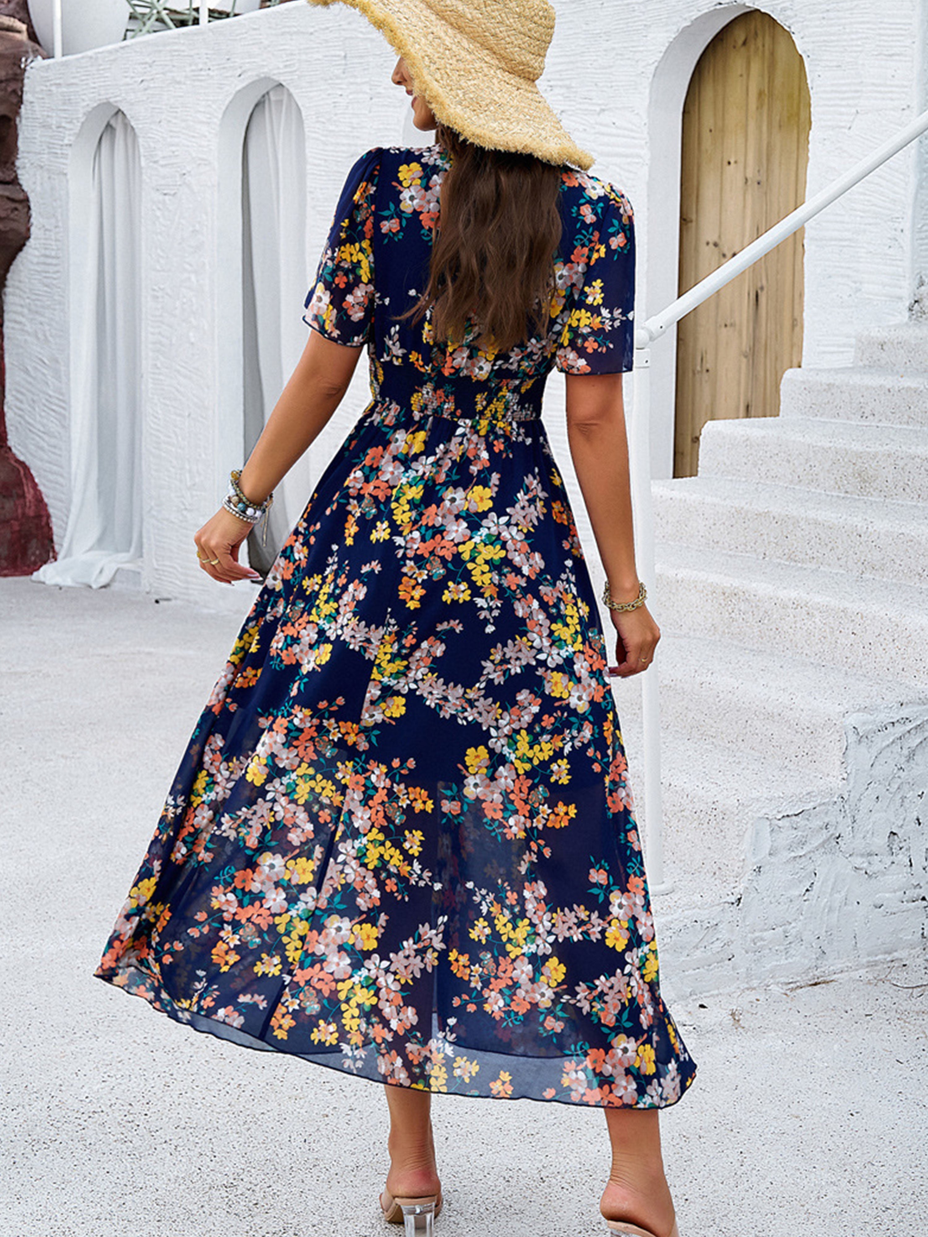Floral Elegant V Neck Sleeves Dark Navy Long Wedding Guest Dress
