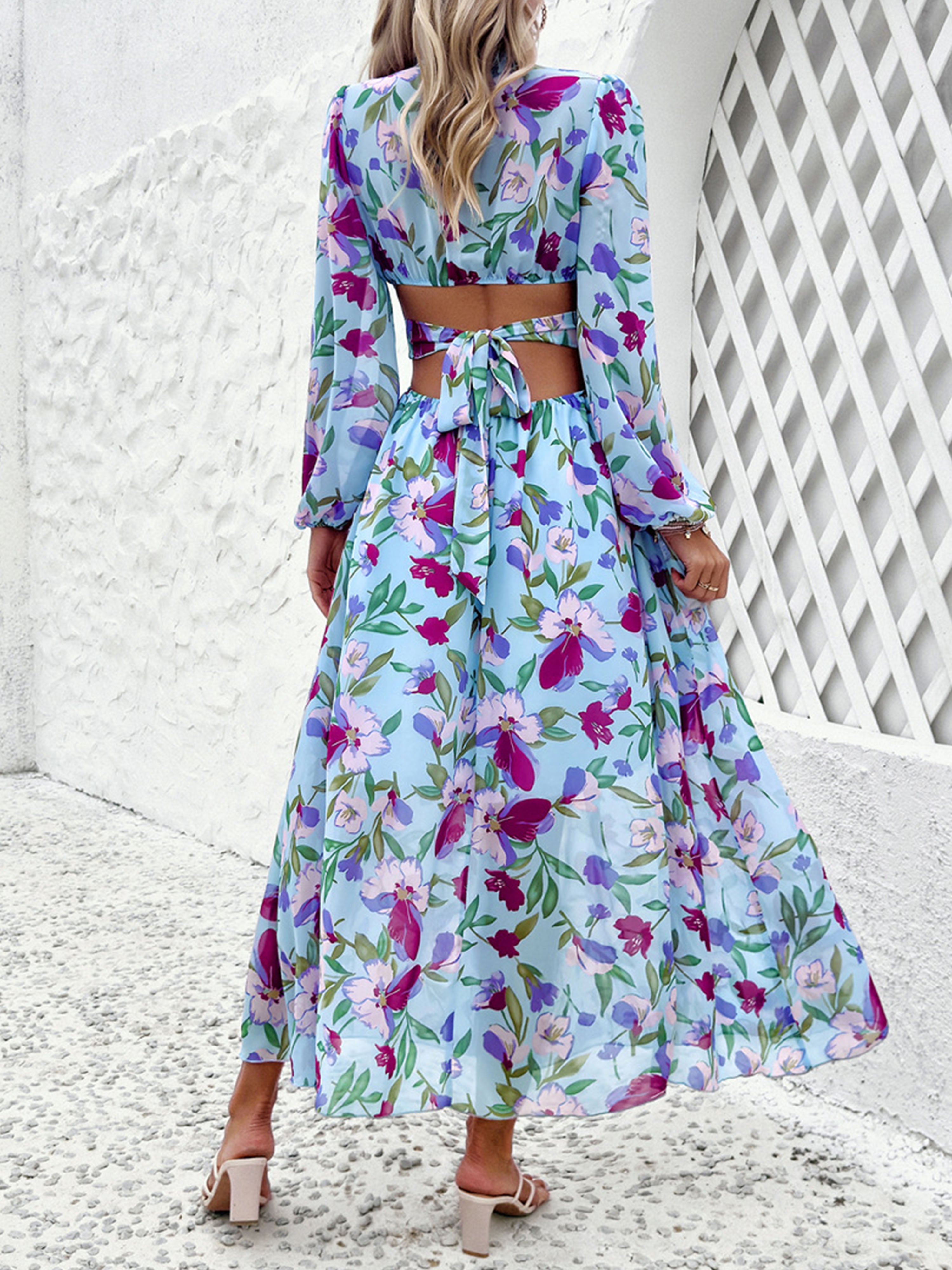 Floral V-Neck Sky Blue Long Sleeves A Line Wedding Guest Dress