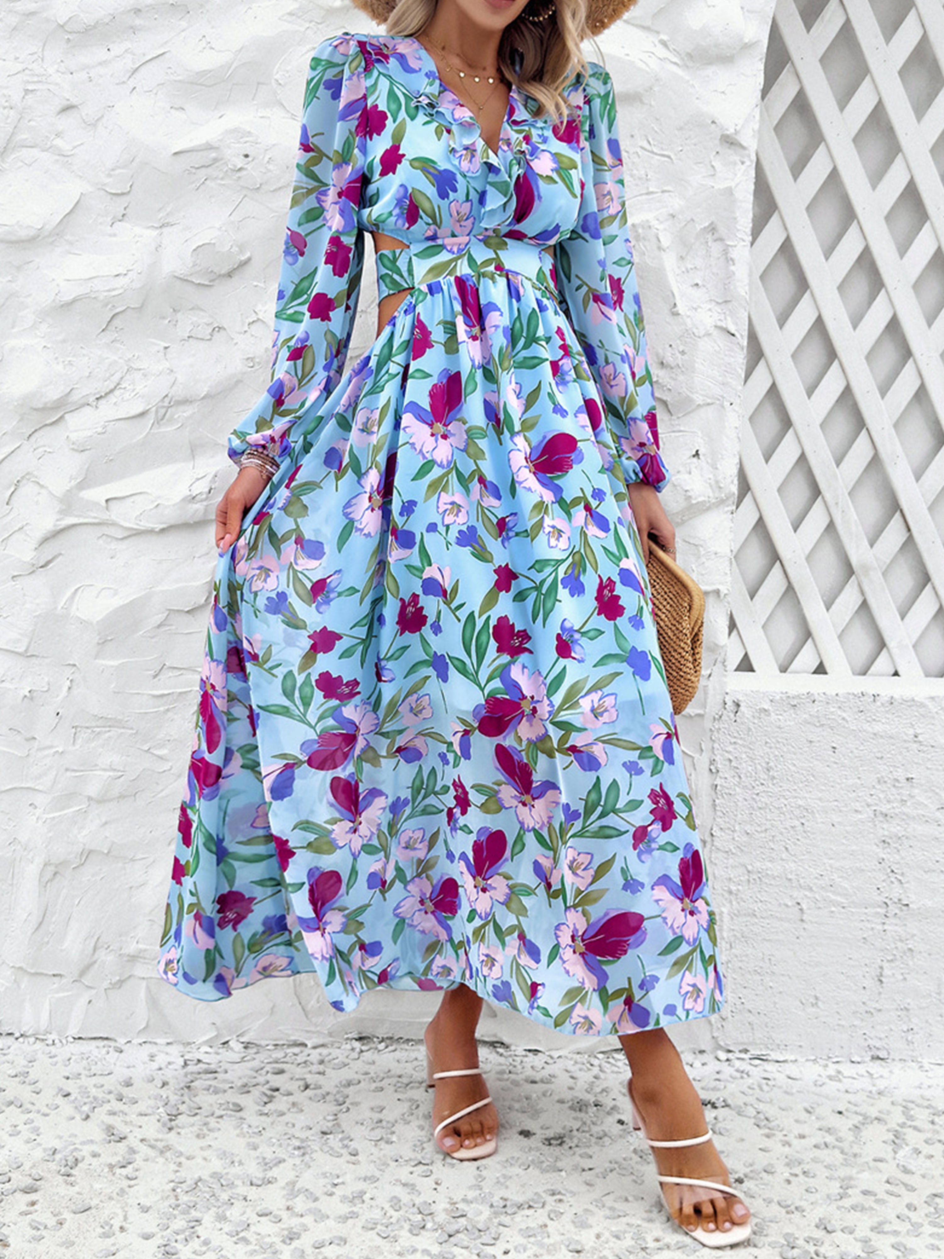Floral V-Neck Sky Blue Long Sleeves A Line Wedding Guest Dress