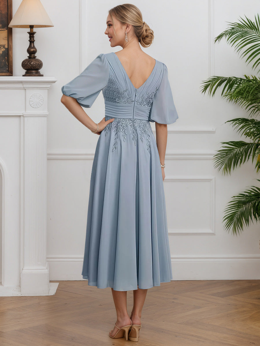Cicinia Dusty Blue Mother Of The Bride Dresses Chiffon Lace A-Line Puffed Sleeves Tea Length