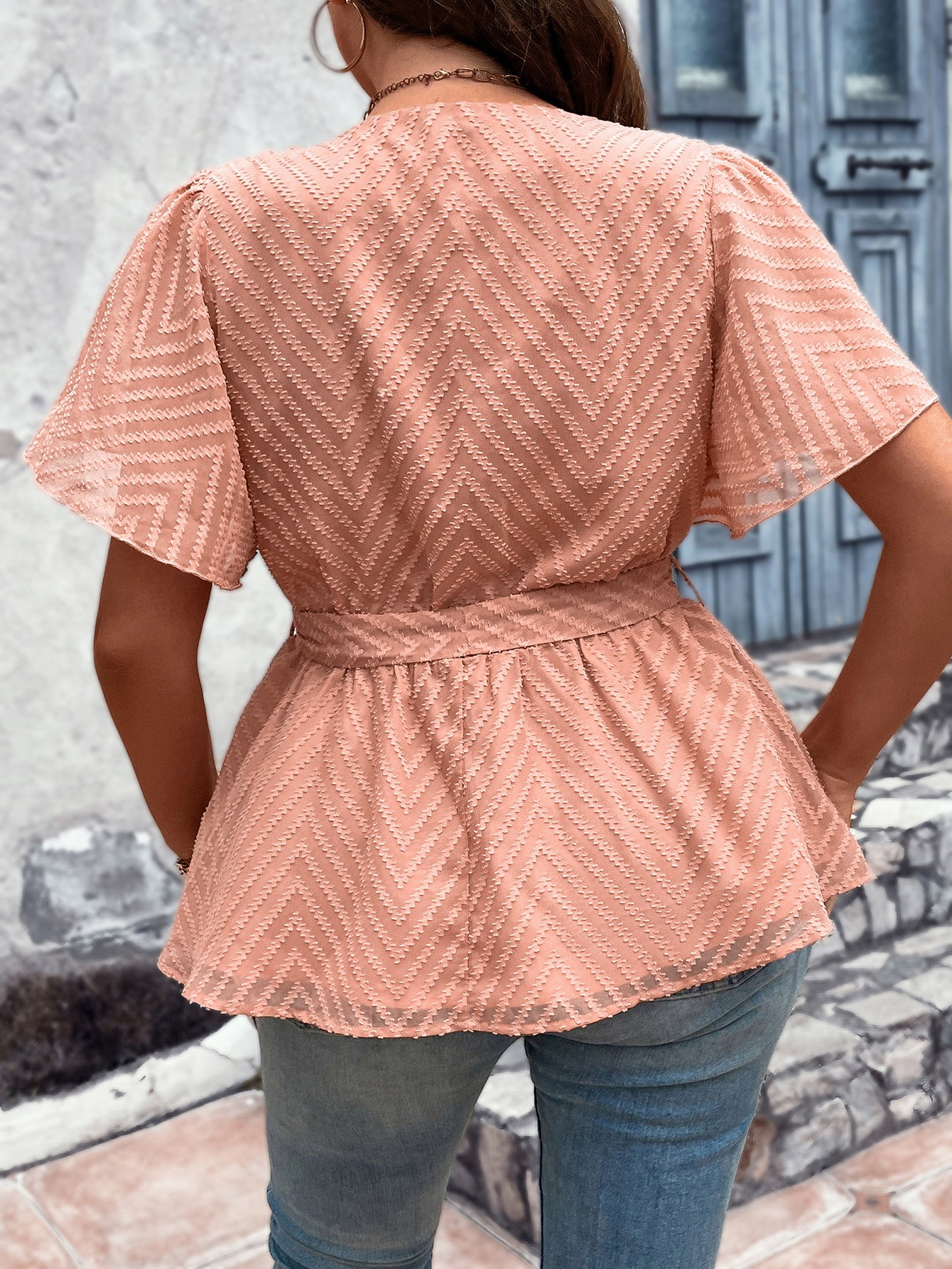 Coral V-Neck Plus Half Sleeves Blouse with Tie